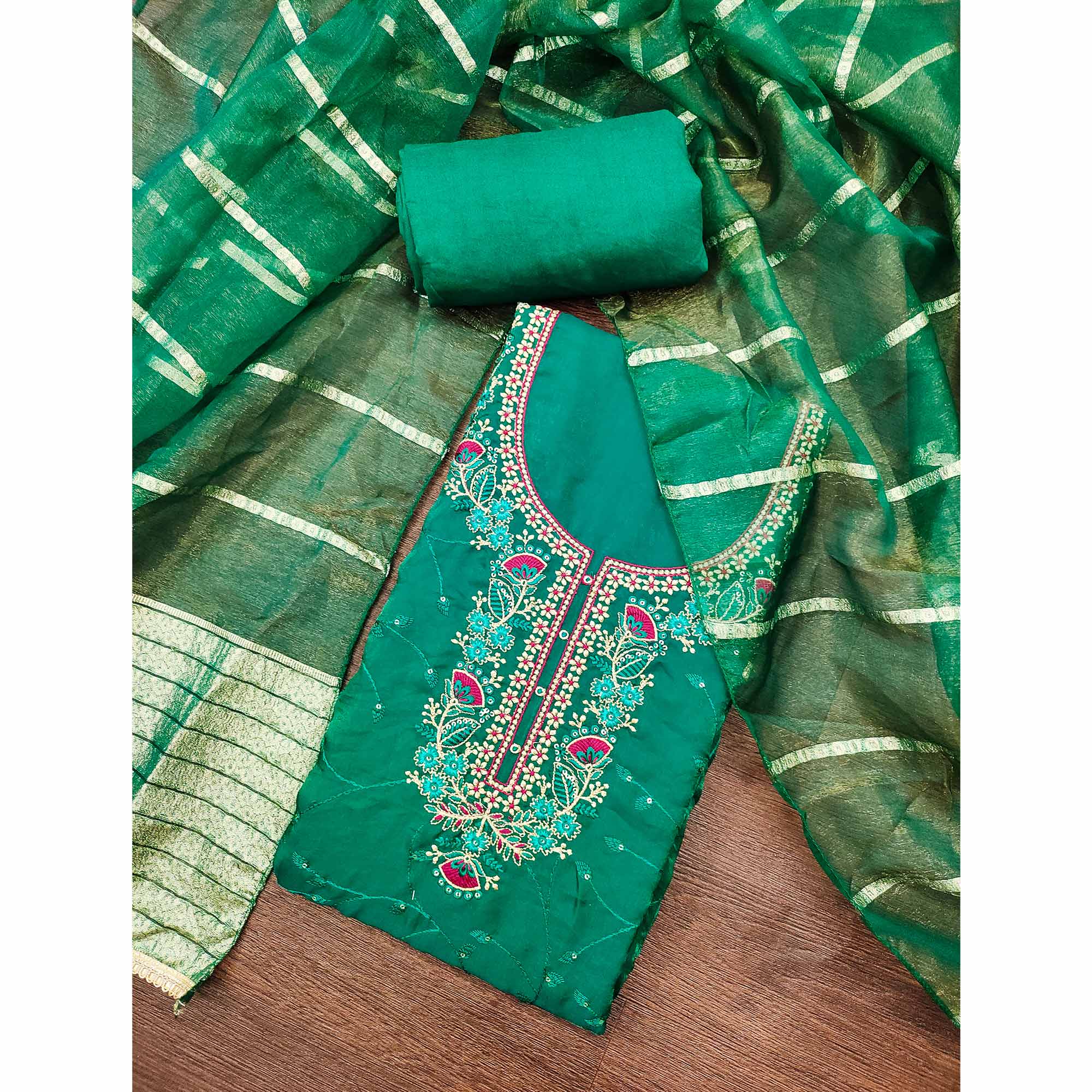 Green Georgette Silk Dress Material Beautified With Floral Sequins Embroidery