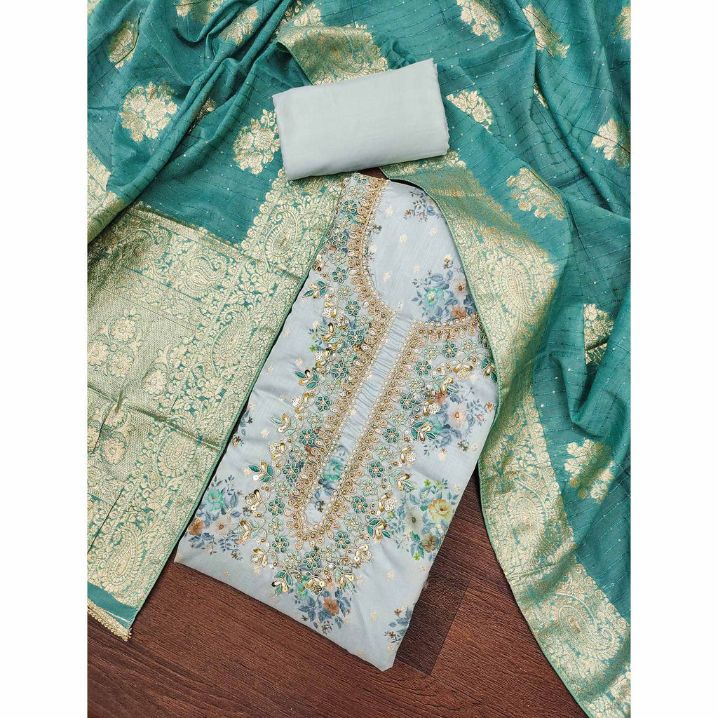 Grey Chanderi Silk Dress Material Adorned With Floral Sequins Embroidery & Delicate Moti Handwork