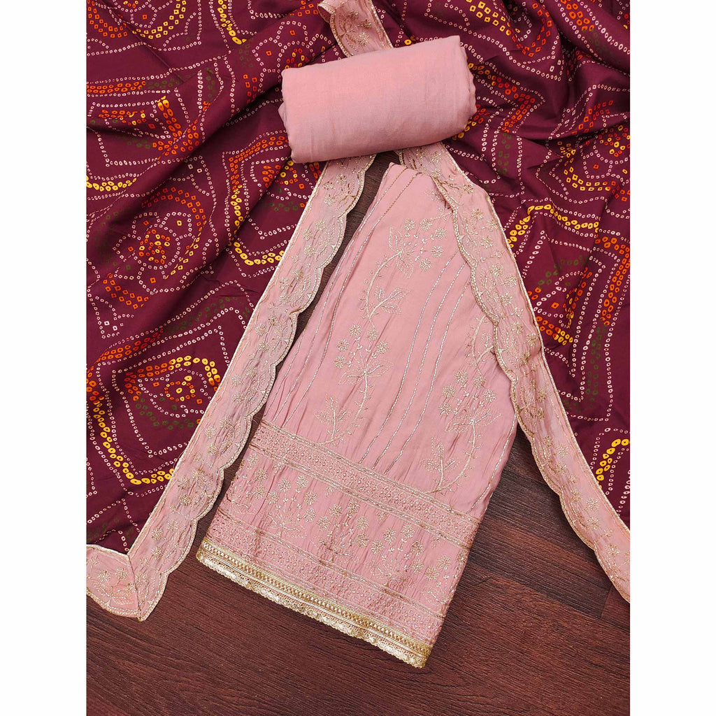 Peach Cotton Silk Dress Material Embellished With Elegant Floral Hand Embroidery Work