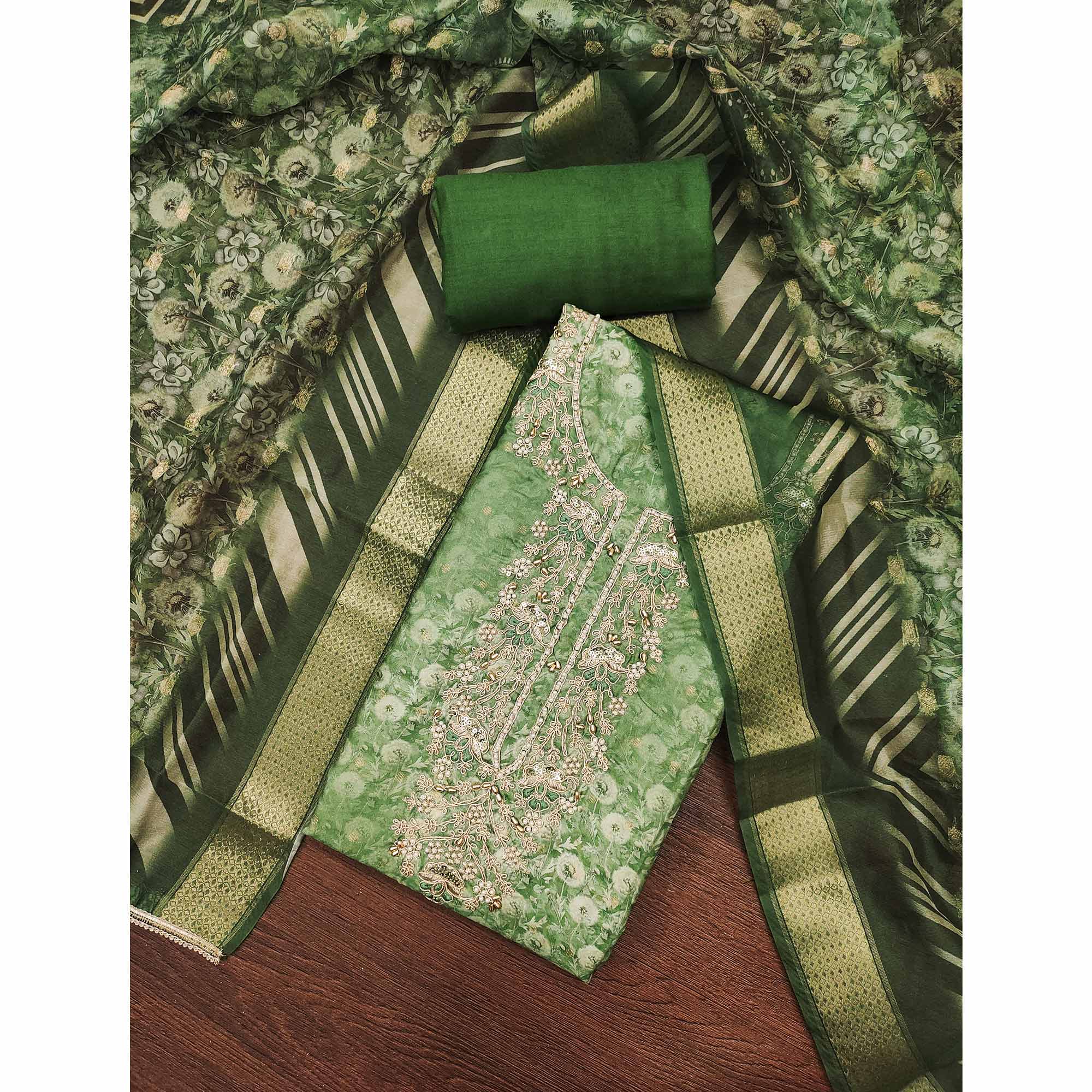 Green Banarasi Cotton Blend Dress Material With Floral Digital Print & Elegant Moti Handwork