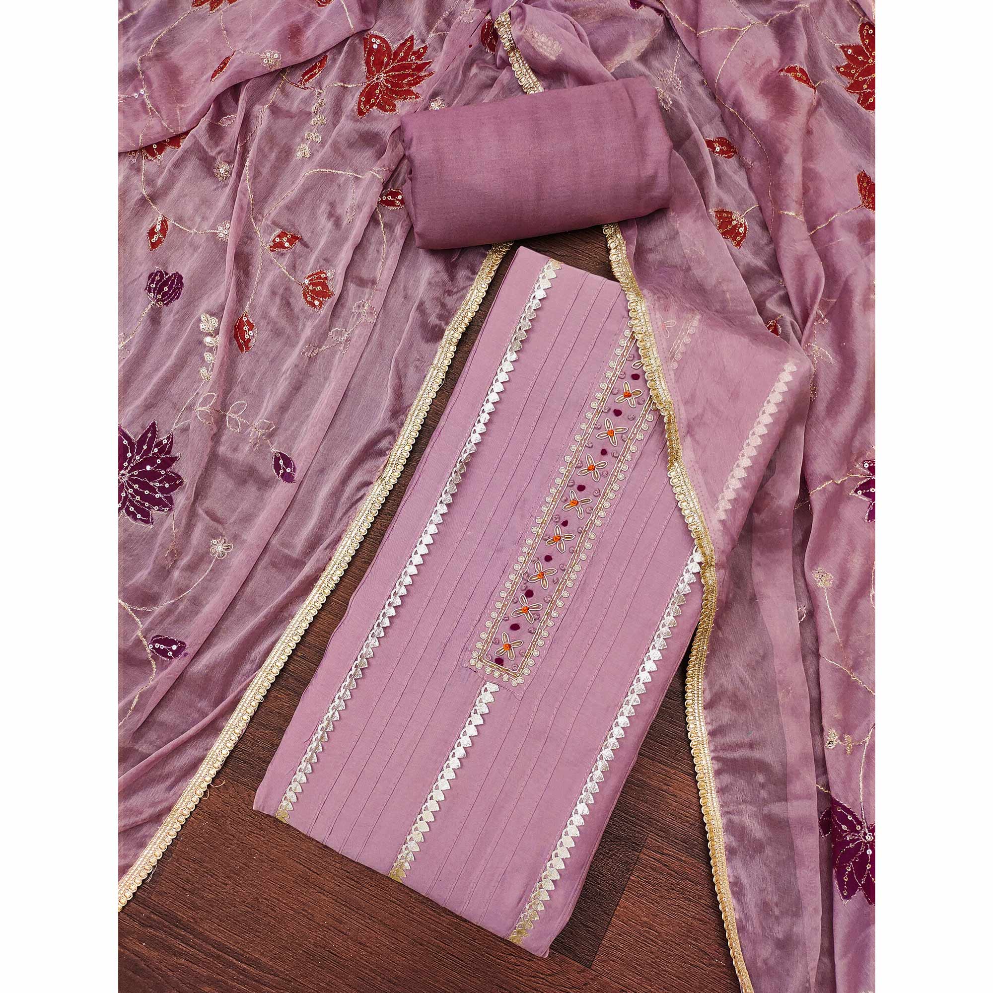 Onion Pink Cotton Silk Dress Material Embellished With Elegant Moti Handwork & Gota Patti Lace