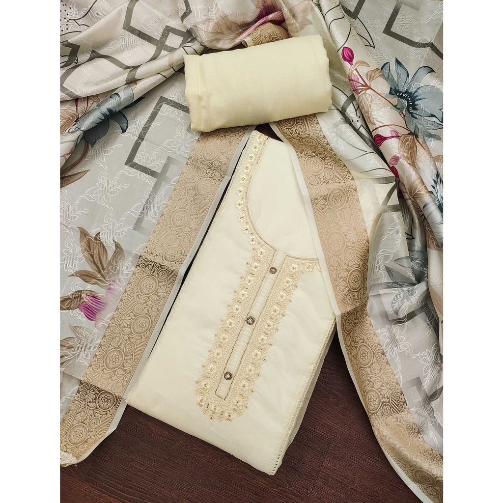 Offwhite Organza Dress Material Adorned With Floral Thread Embroidery & Elegant Handwork