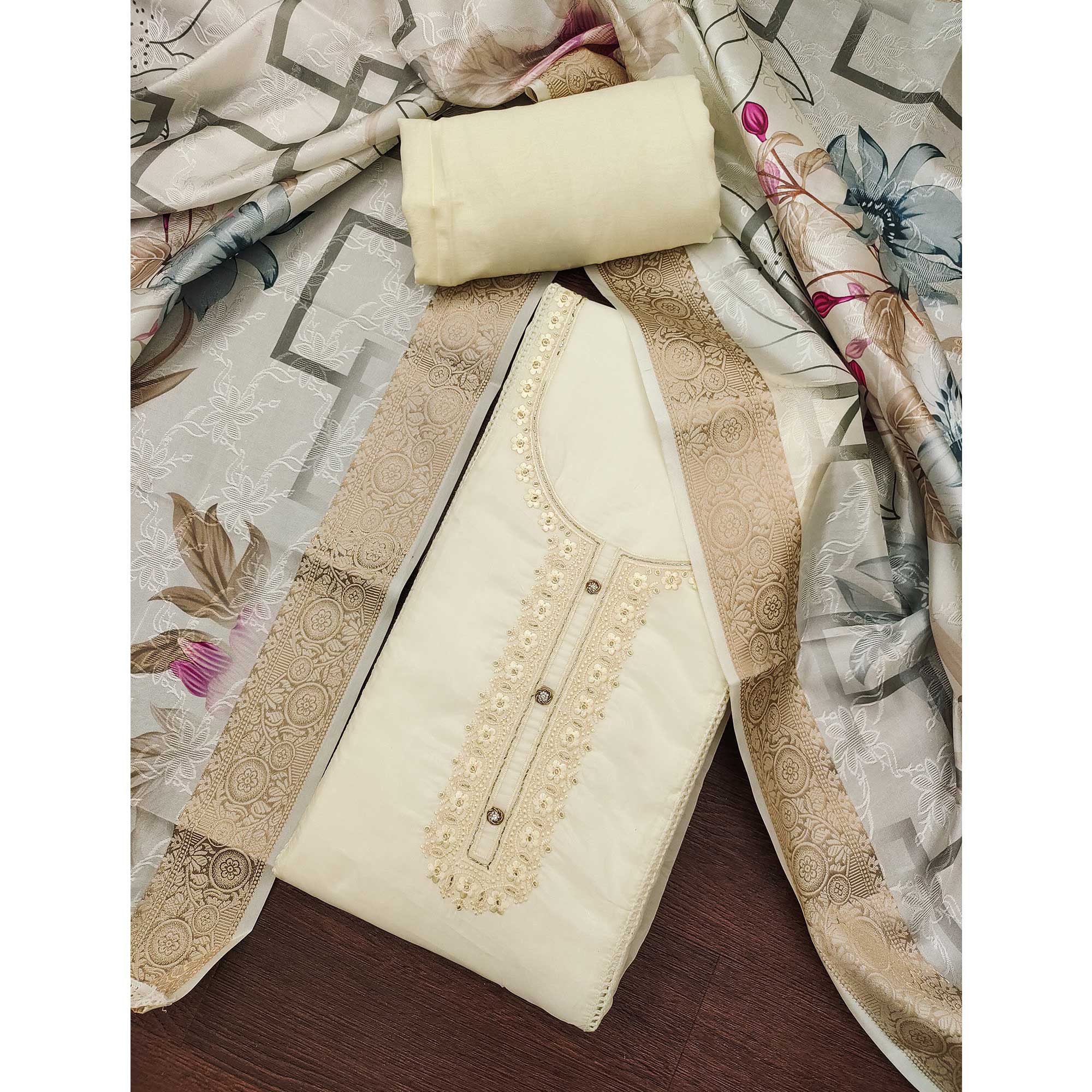 Offwhite Organza Dress Material Adorned With Floral Thread Embroidery & Elegant Handwork