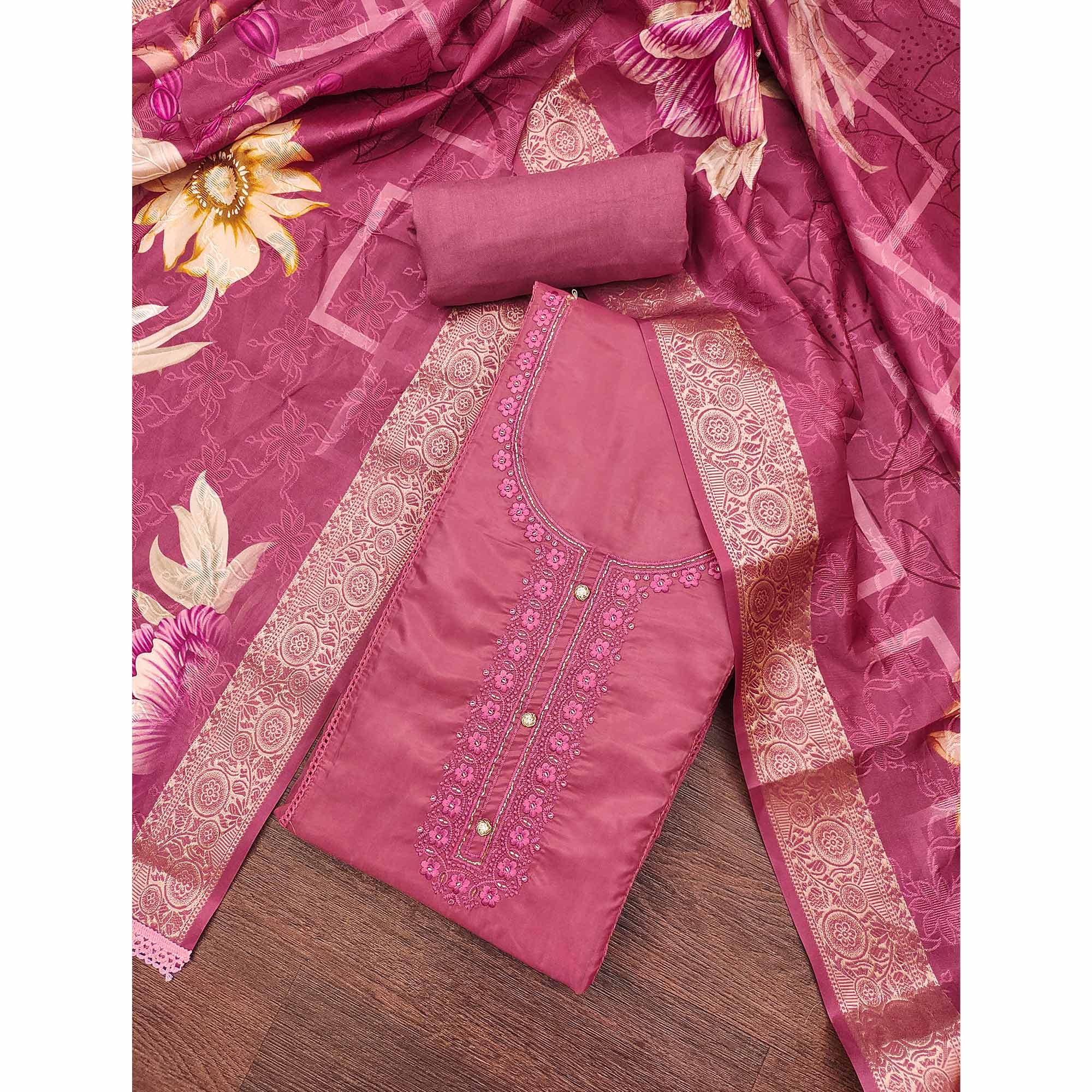 Pink Organza Dress Material Adorned With Floral Thread Embroidery & Elegant Handwork