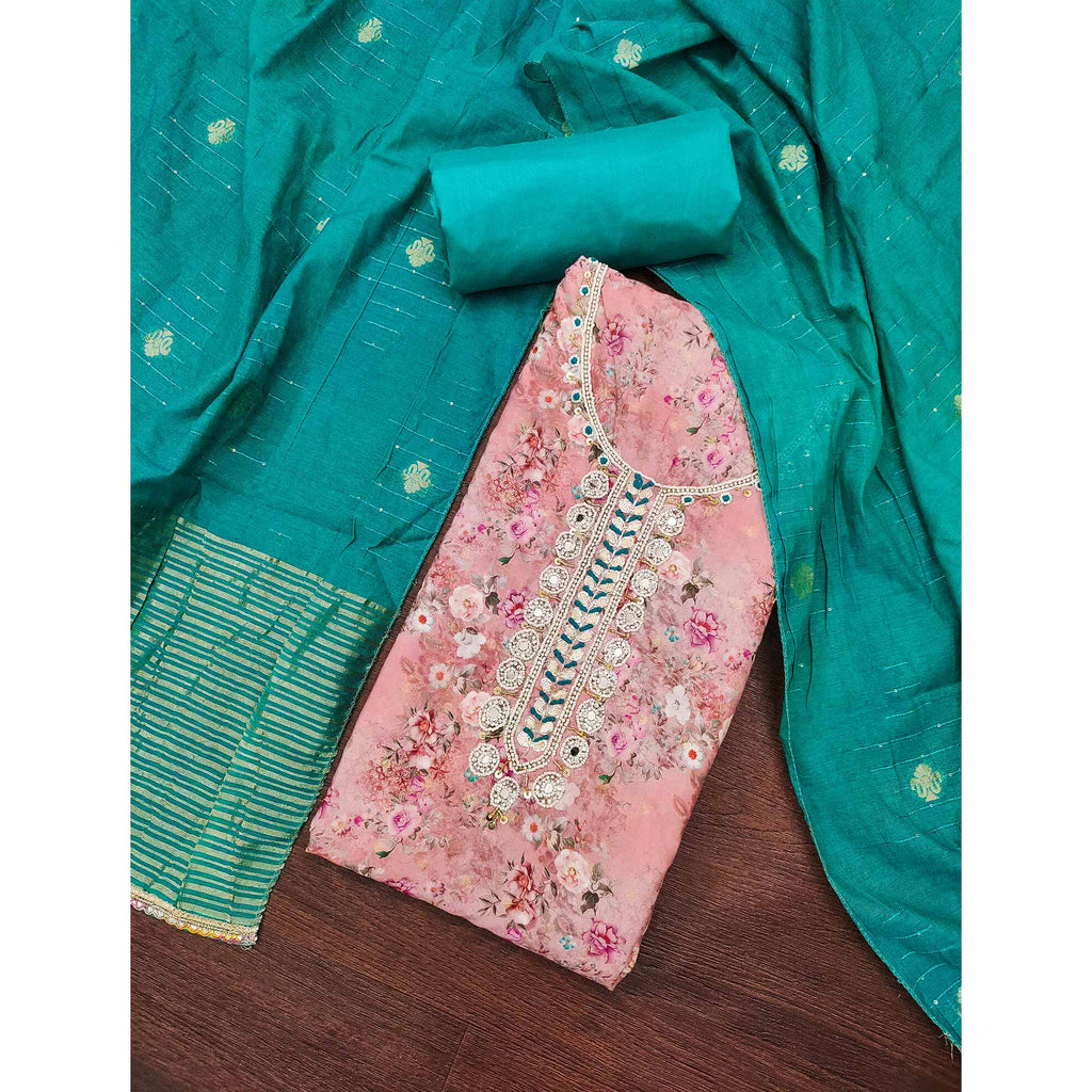 Light Pink Floral Digital Printed Cotton Blend Dress Material Embellished With Moti Hand Embroidery