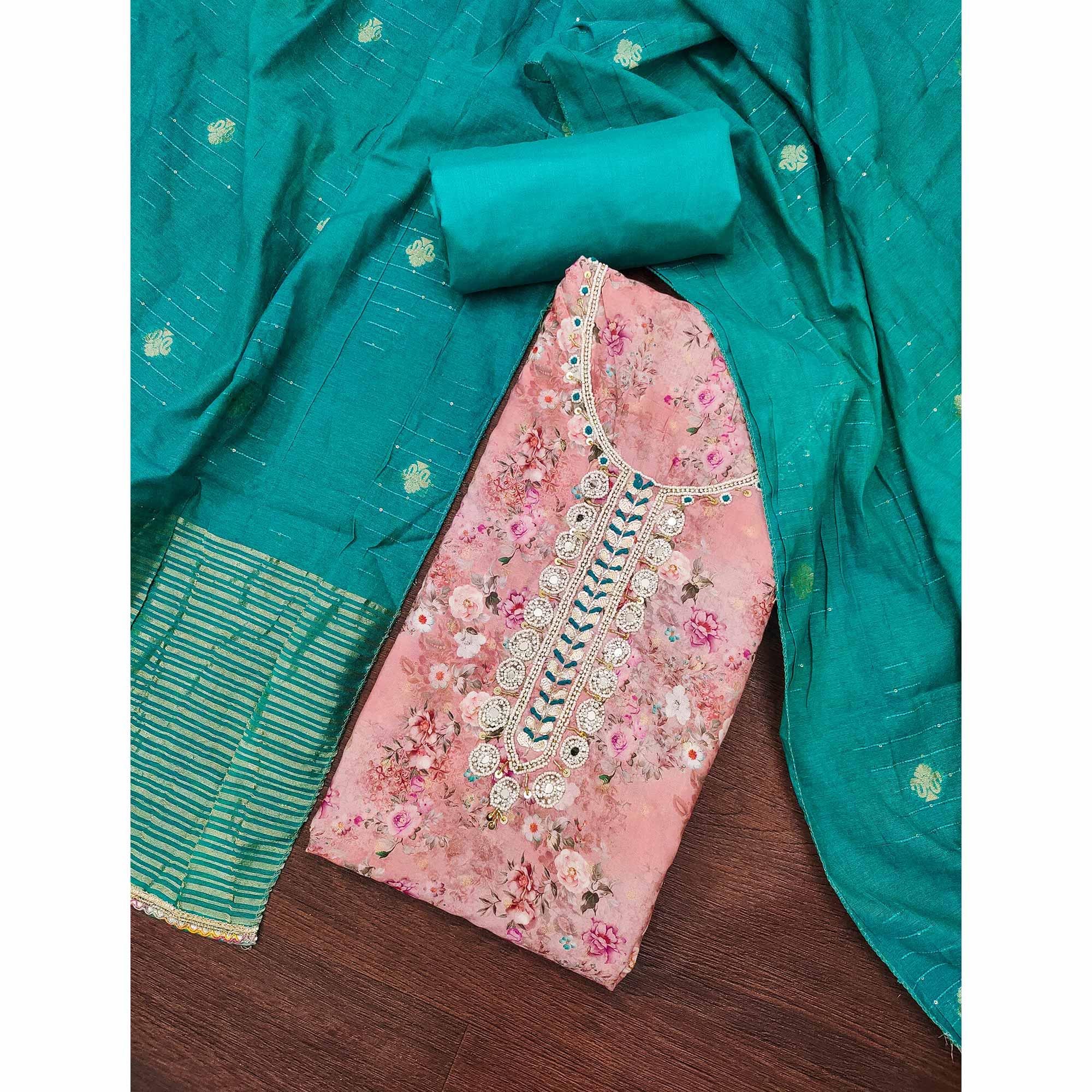 Light Pink Floral Digital Printed Cotton Blend Dress Material Embellished With Moti Hand Embroidery