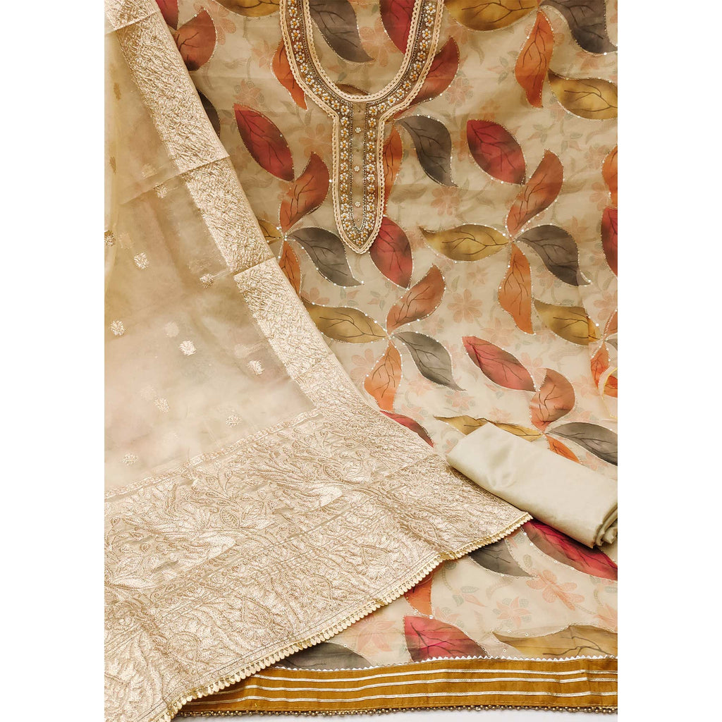 Chikoo Floral Printed With Hand Embroidered Organza Dress Material