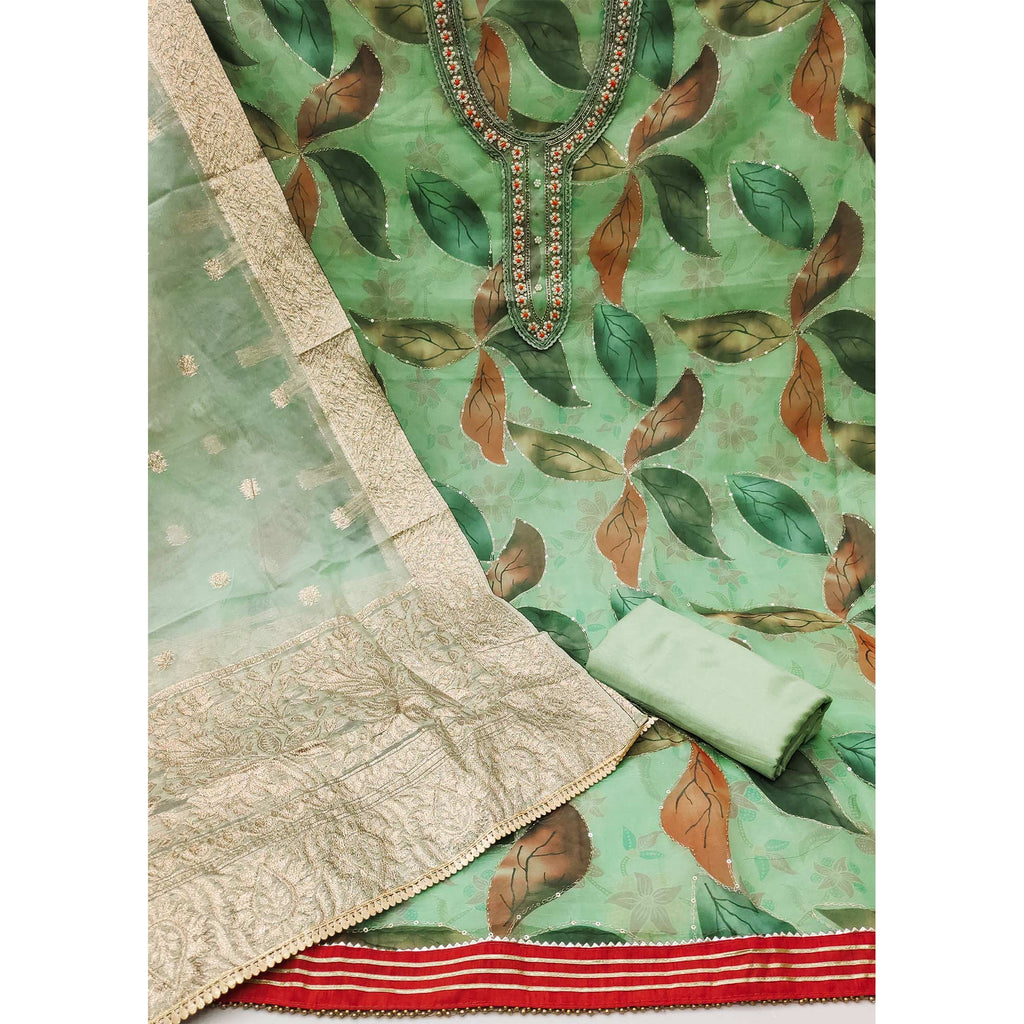 Green Floral Printed With Hand Embroidered Organza Dress Material