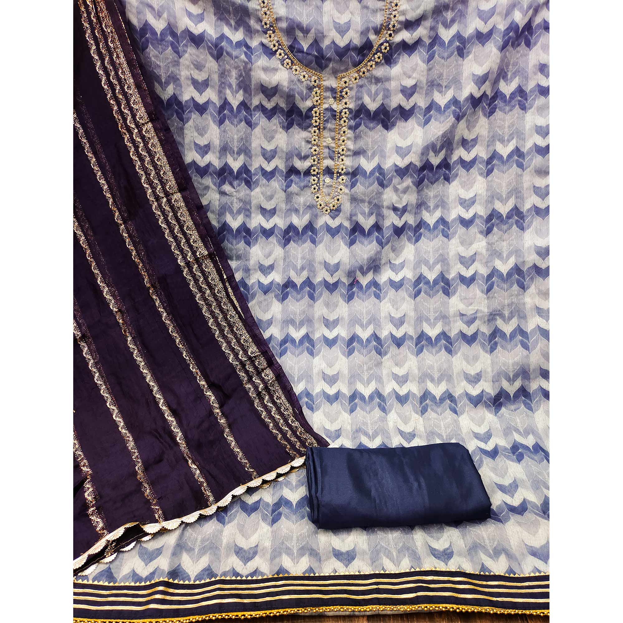 Blue Printed With Handwork Chanderi Silk Dress Material