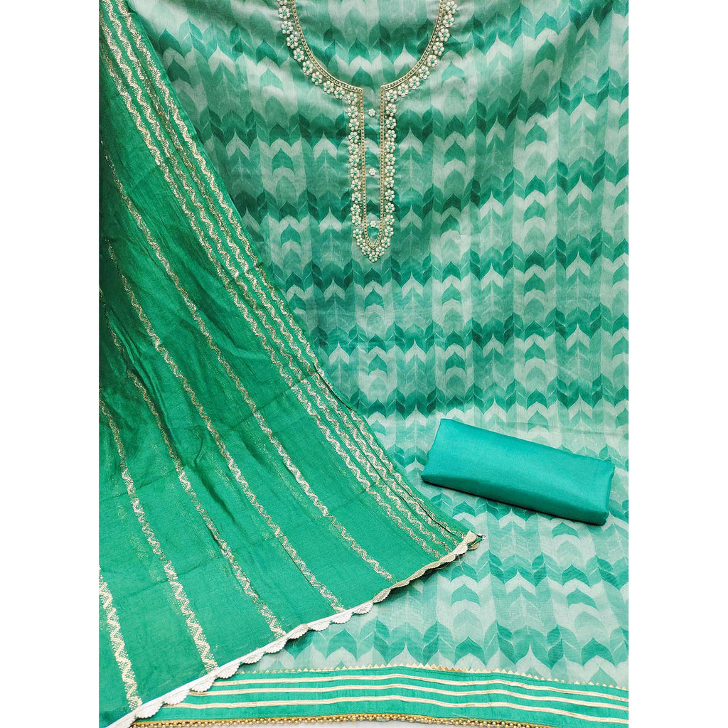 Green Printed With Handwork Chanderi Silk Dress Material