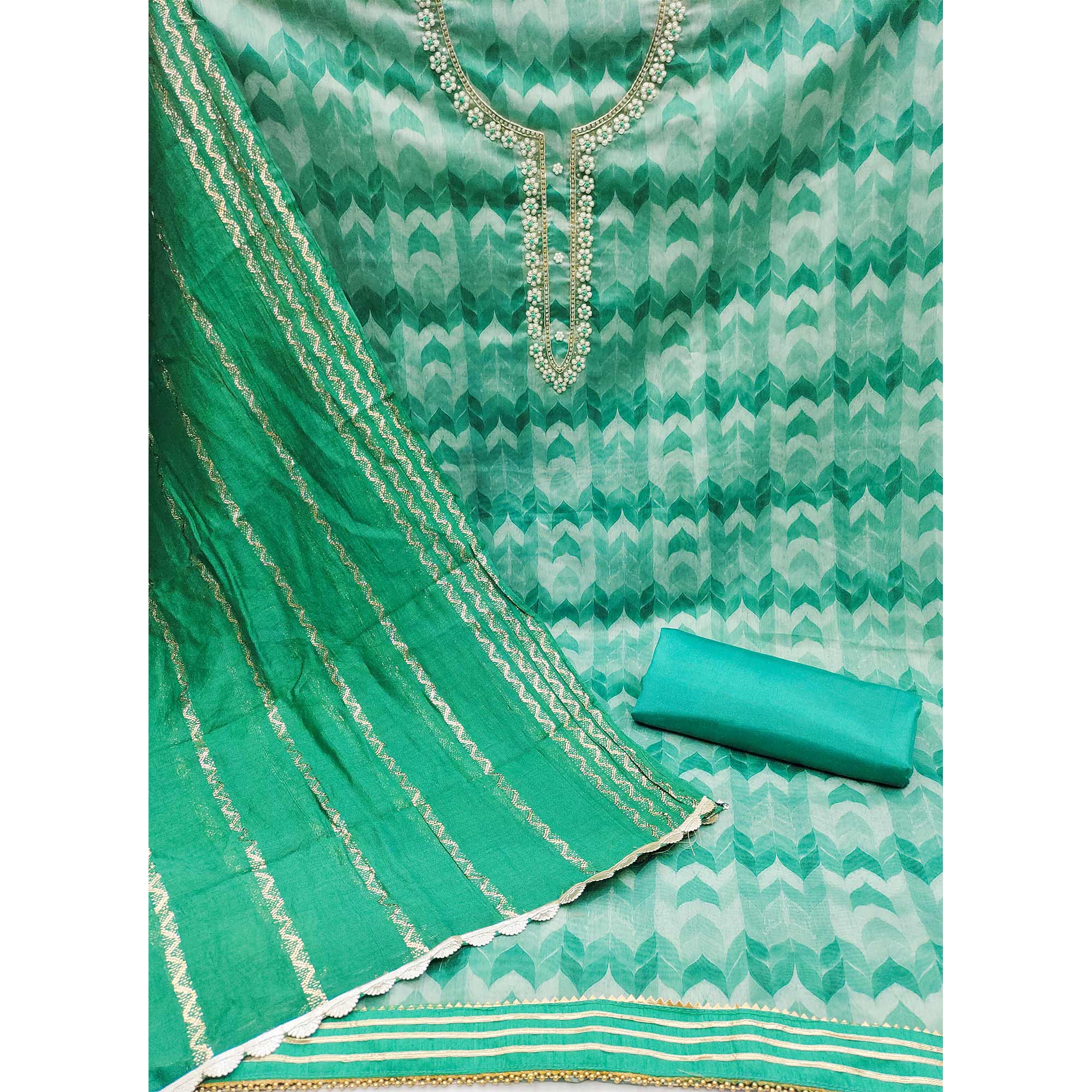 Green Printed With Handwork Chanderi Silk Dress Material