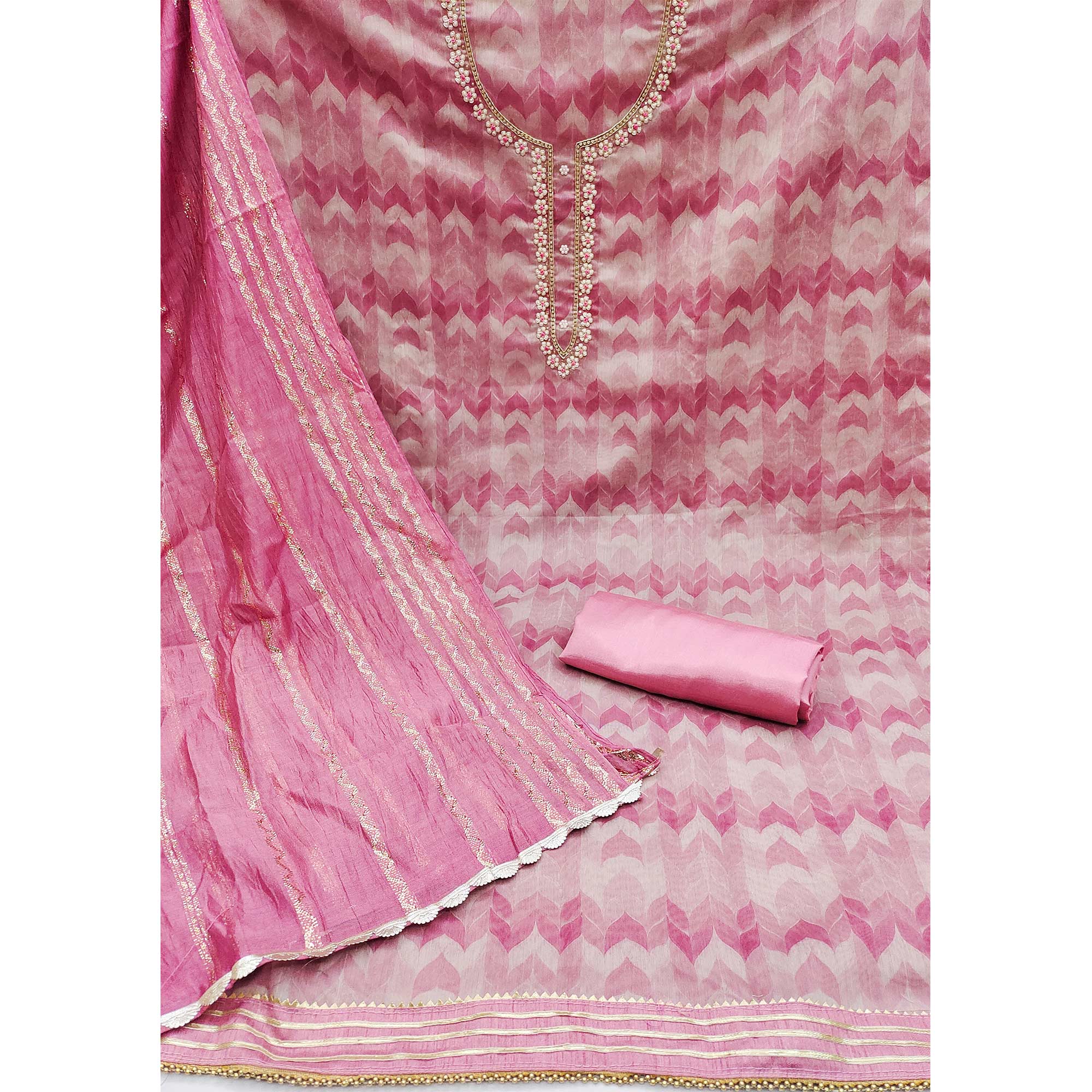 Pink Printed With Handwork Chanderi Silk Dress Material