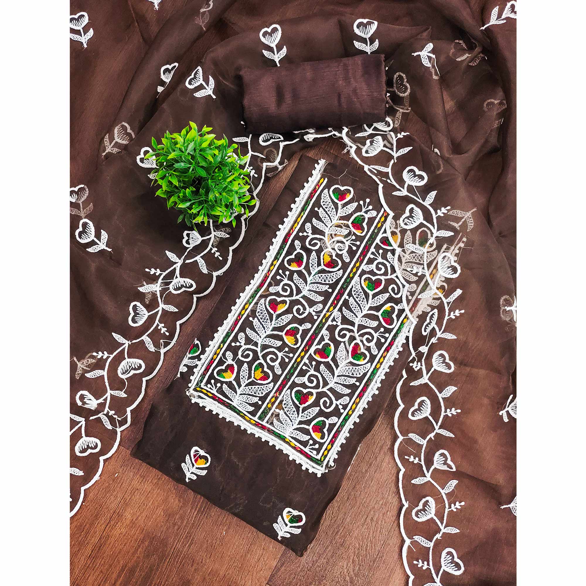 Brown Organza Dress Material With Intricate Floral Embroidery Work