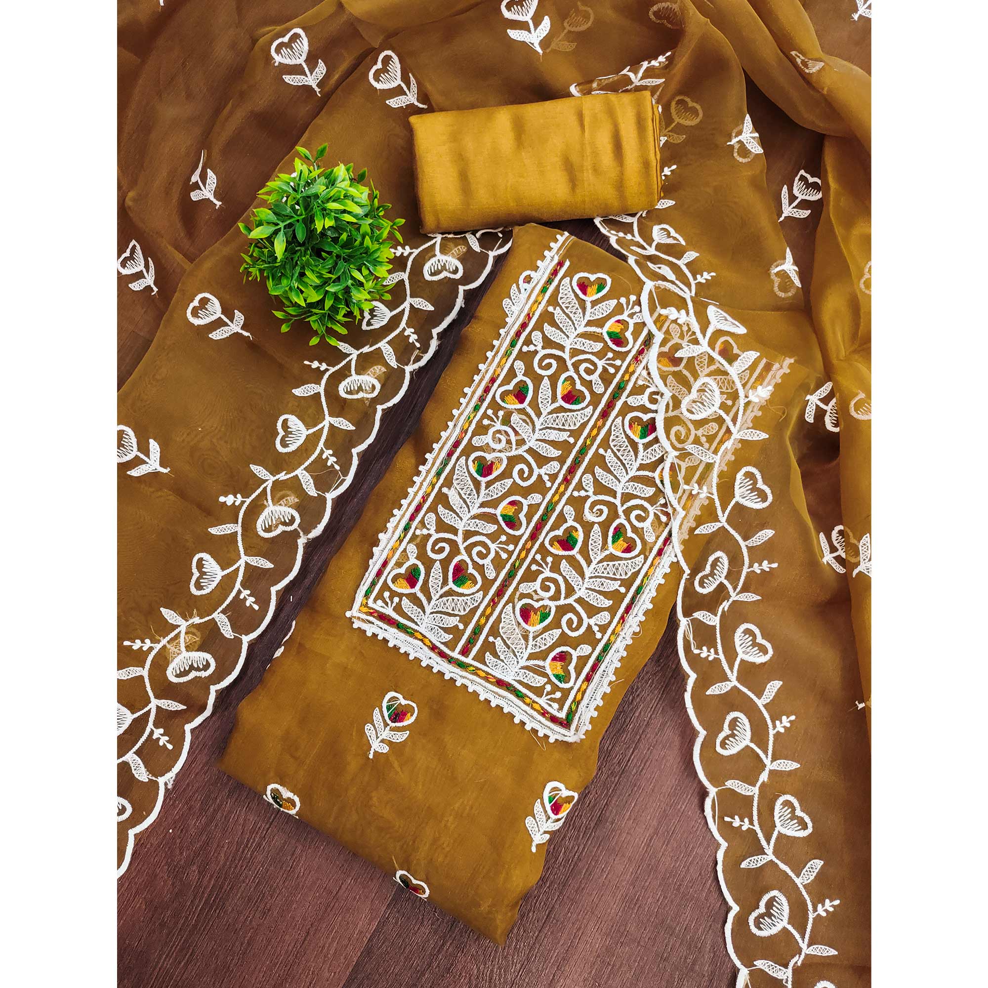 Mustard Organza Dress Material With Intricate Floral Embroidery Work