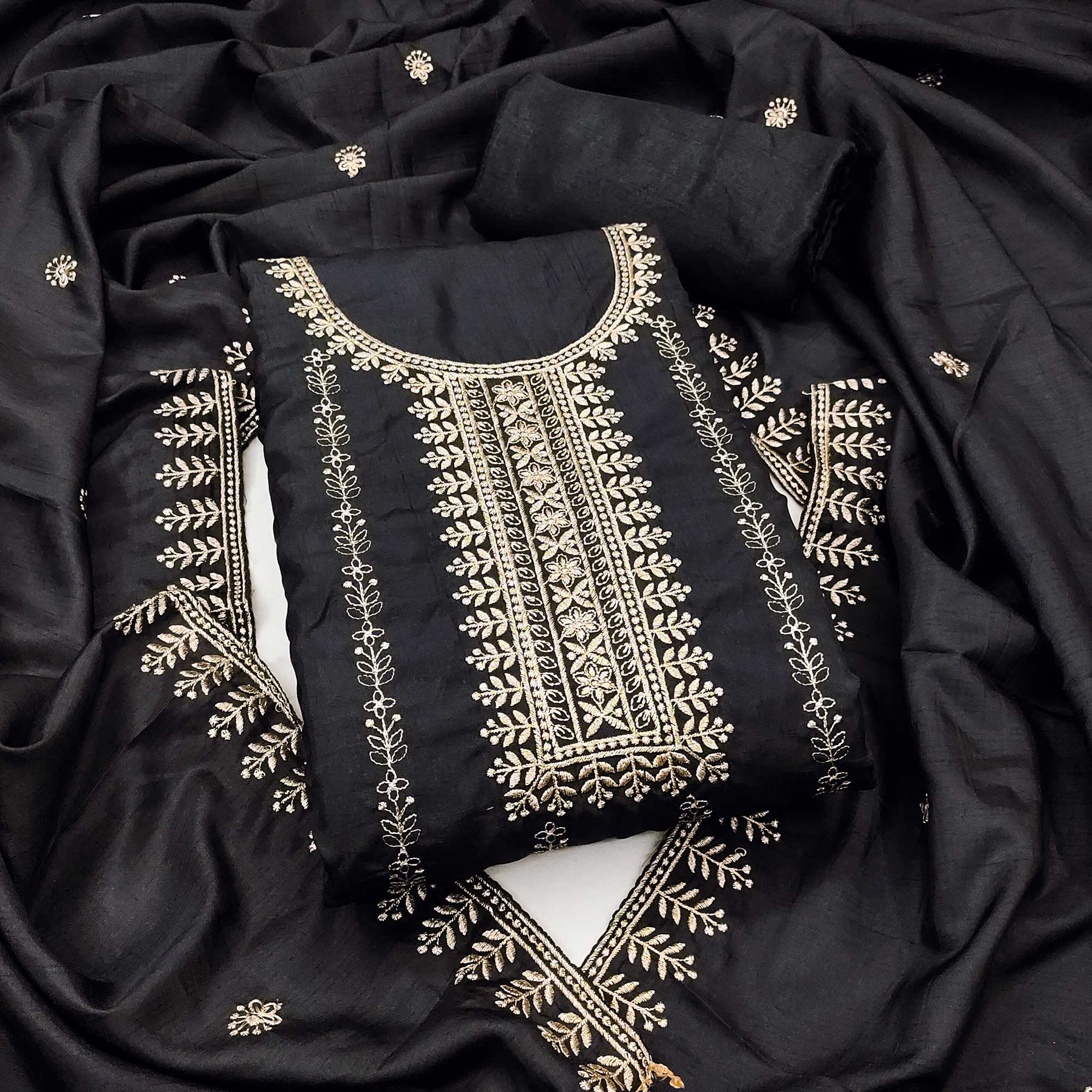 Black Cotton Blend Dress Material with Delicate Floral Zari Embroidery