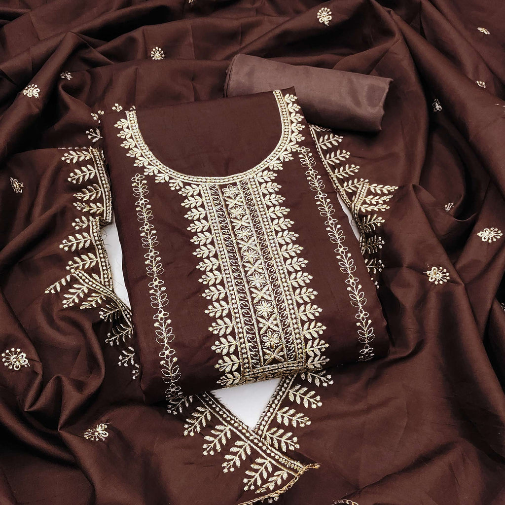 Brown Cotton Blend Dress Material with Delicate Floral Zari Embroidery