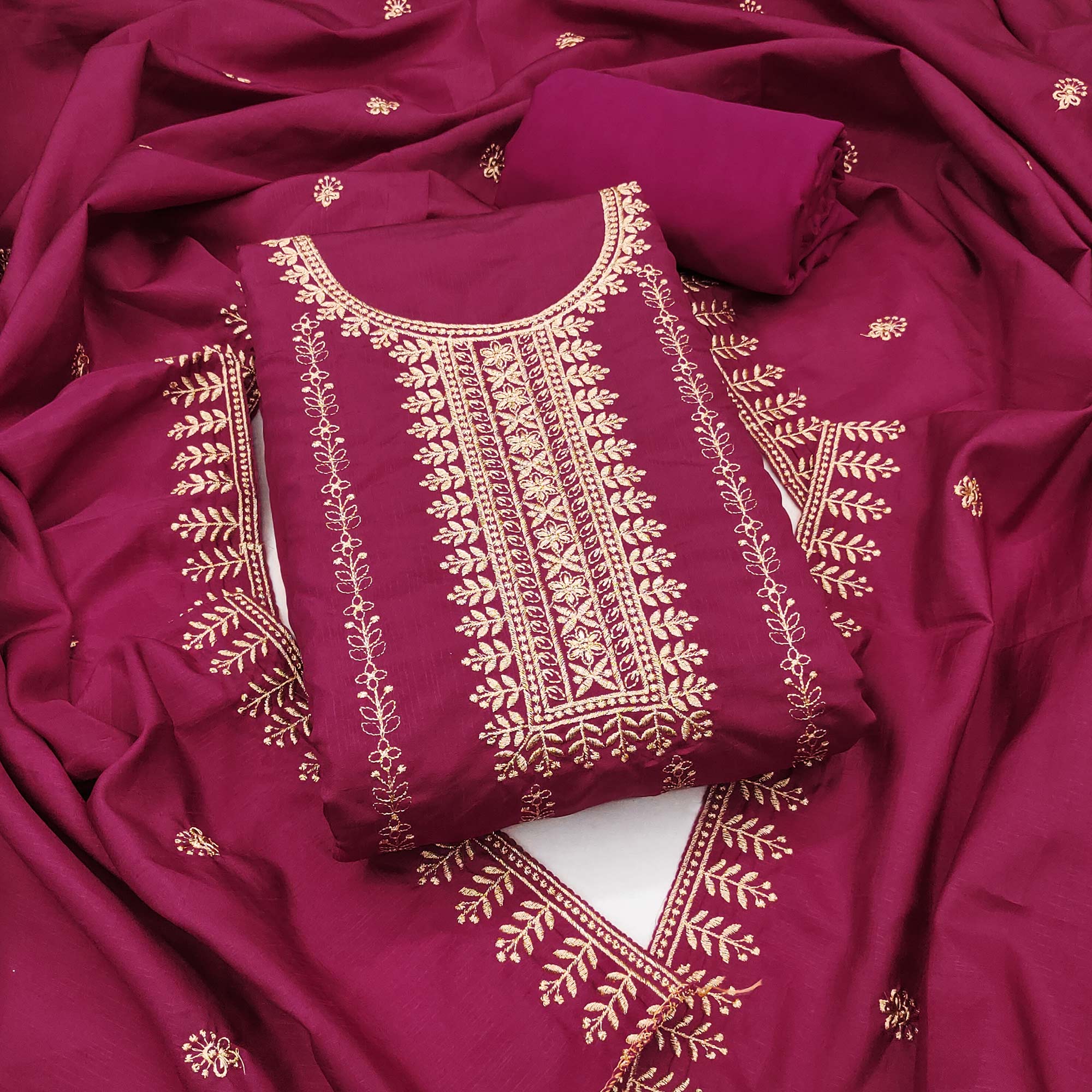 Pink Cotton Blend Dress Material with Delicate Floral Zari Embroidery