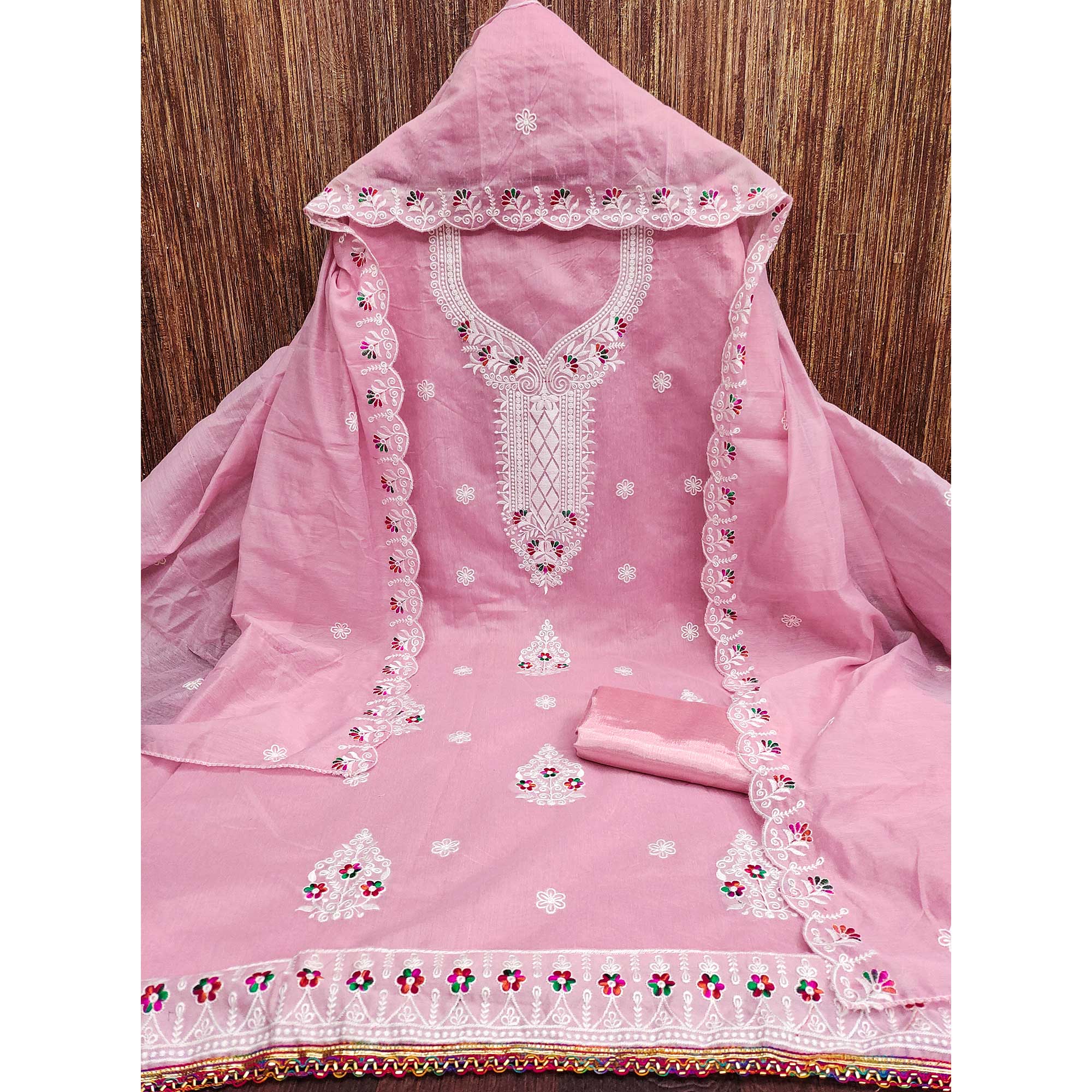 Pink Cambric Cotton Dress Material With Elegant Floral Embroidery Work