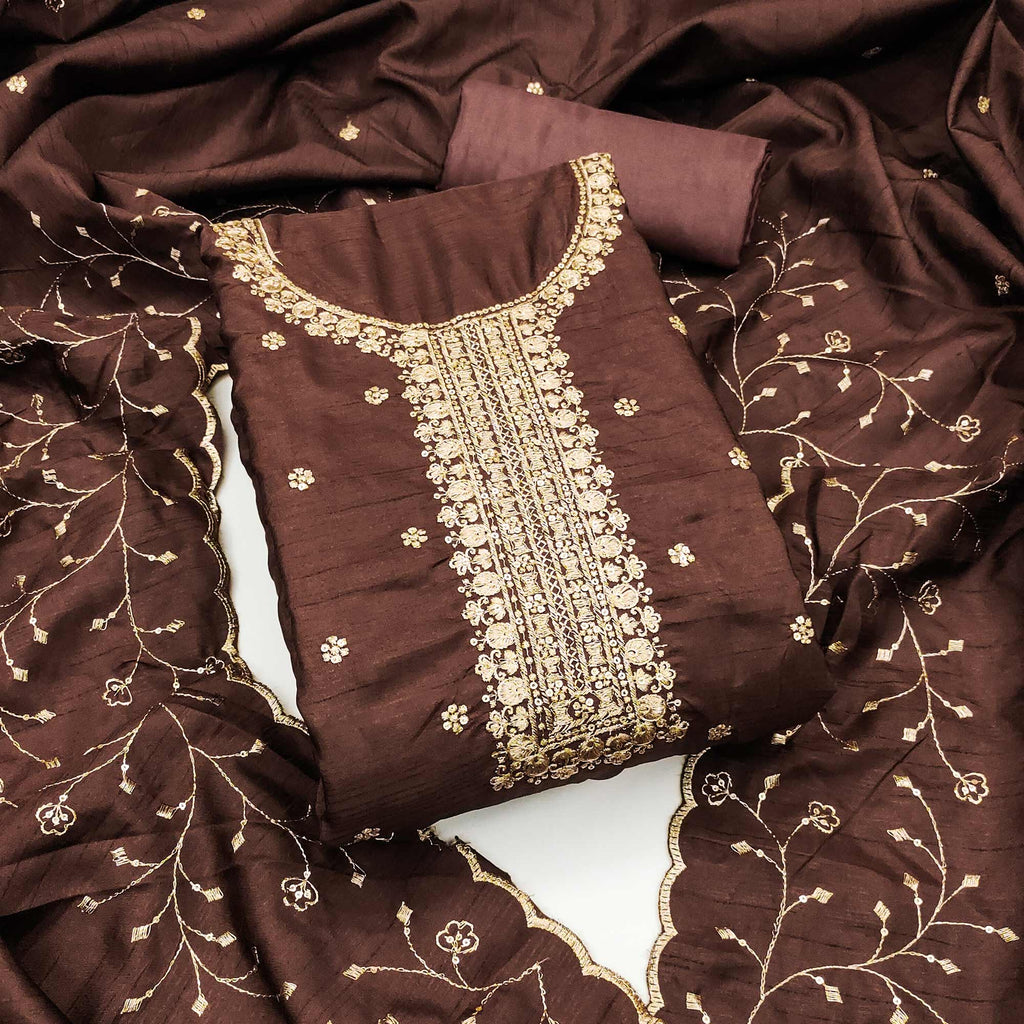 Brown Cotton Silk Unstitched Dress Material Featuring Delicate Jalpari Embroidery