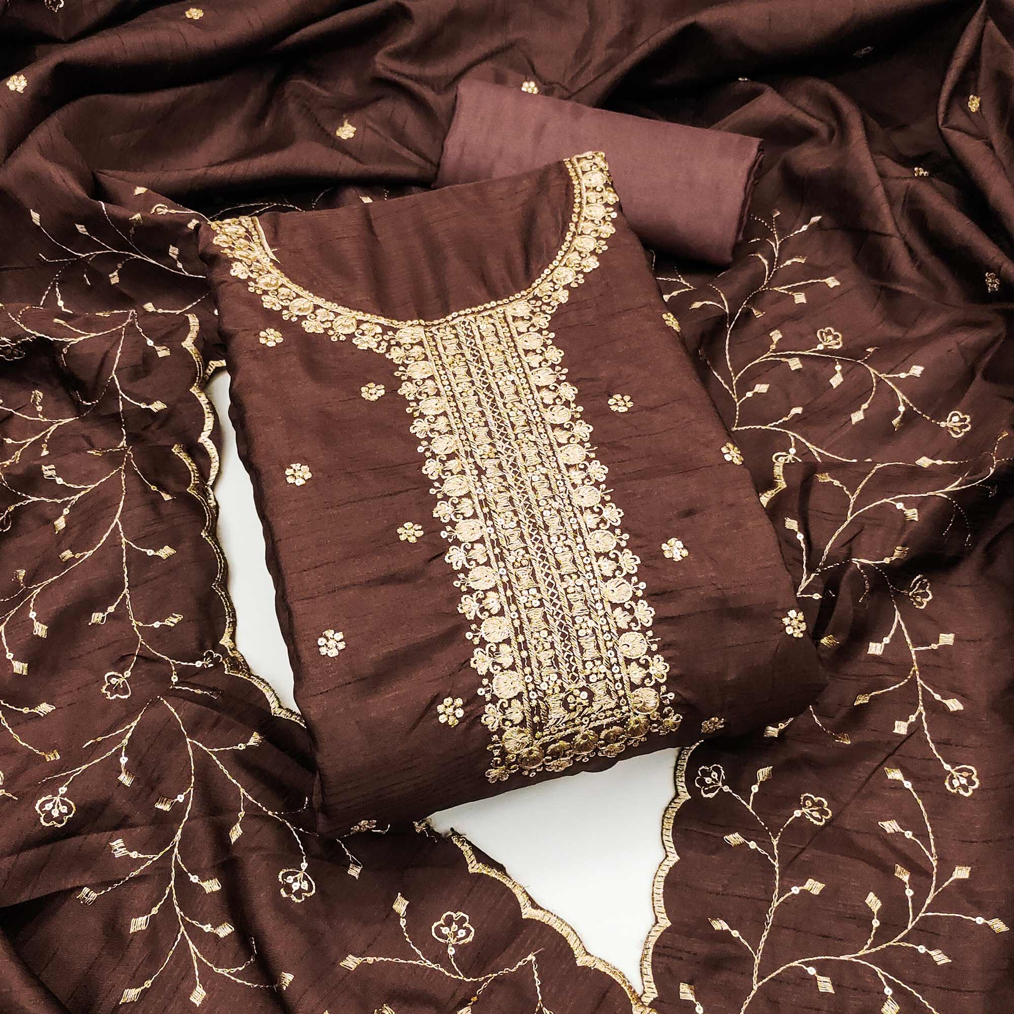 Brown Cotton Silk Unstitched Dress Material Featuring Delicate Jalpari Embroidery