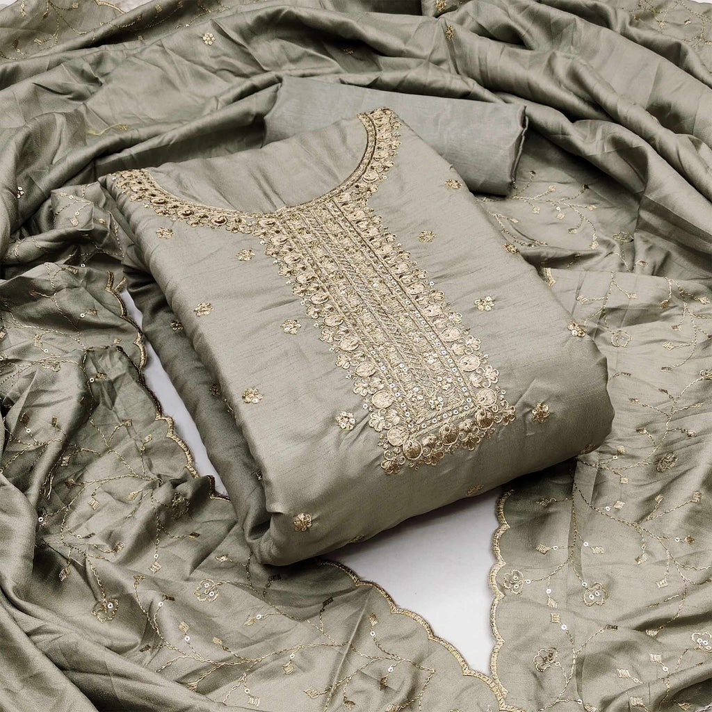 Grey Cotton Silk Unstitched Dress Material Featuring Delicate Jalpari Embroidery