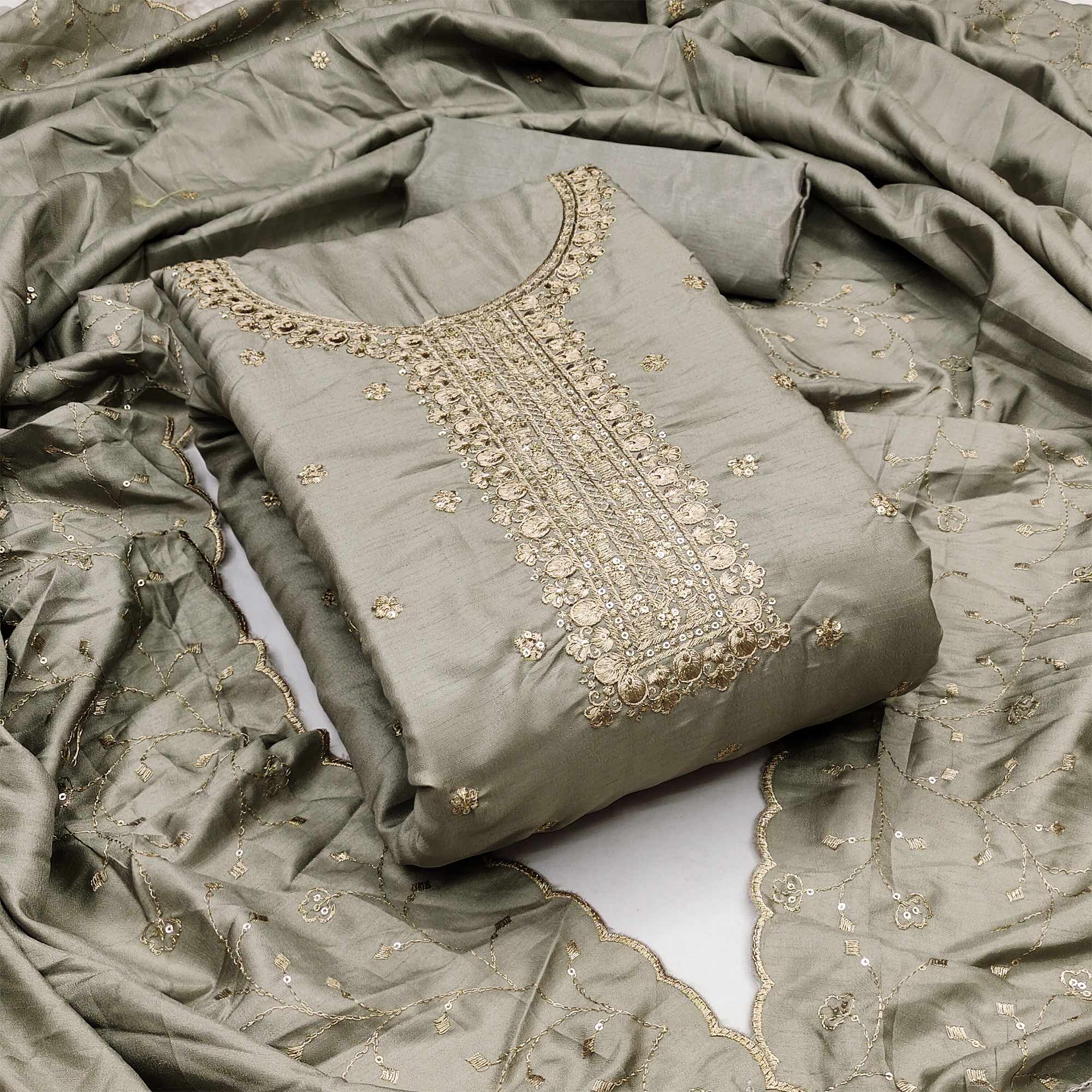 Grey Cotton Silk Unstitched Dress Material Featuring Delicate Jalpari Embroidery