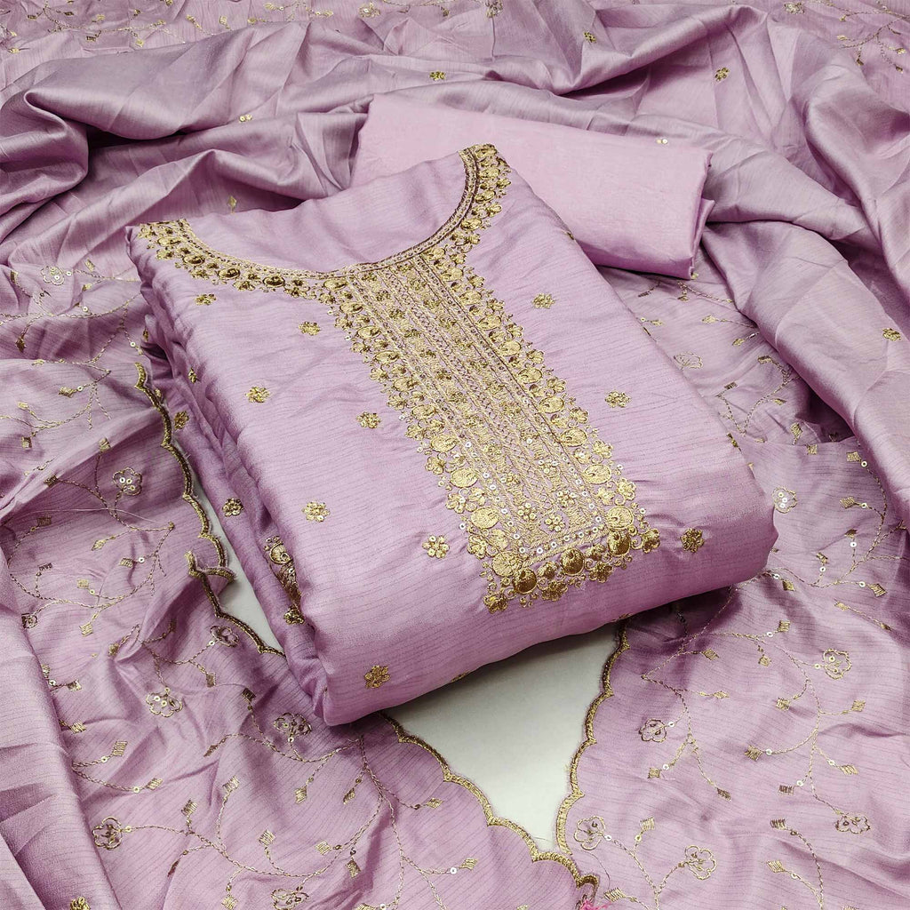 Lavender Cotton Silk Unstitched Dress Material Featuring Delicate Jalpari Embroidery