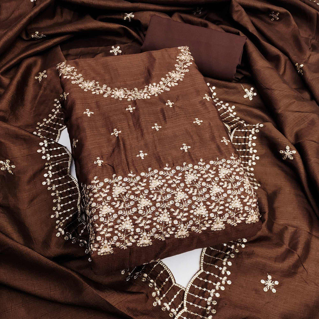 Brown Cotton Silk Dress Material with Traditional Jalpari Embroidery