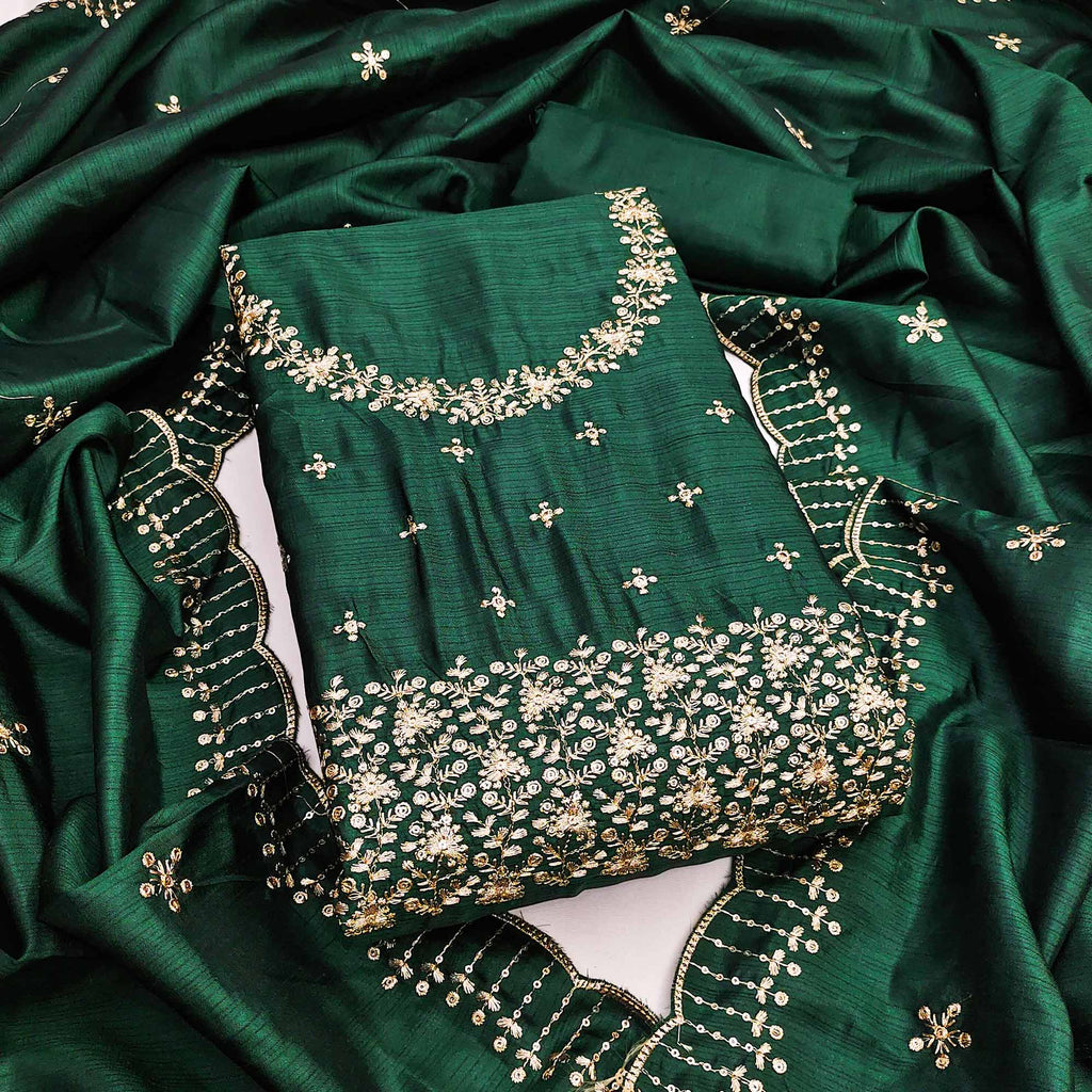 Green Cotton Silk Dress Material with Traditional Jalpari Embroidery