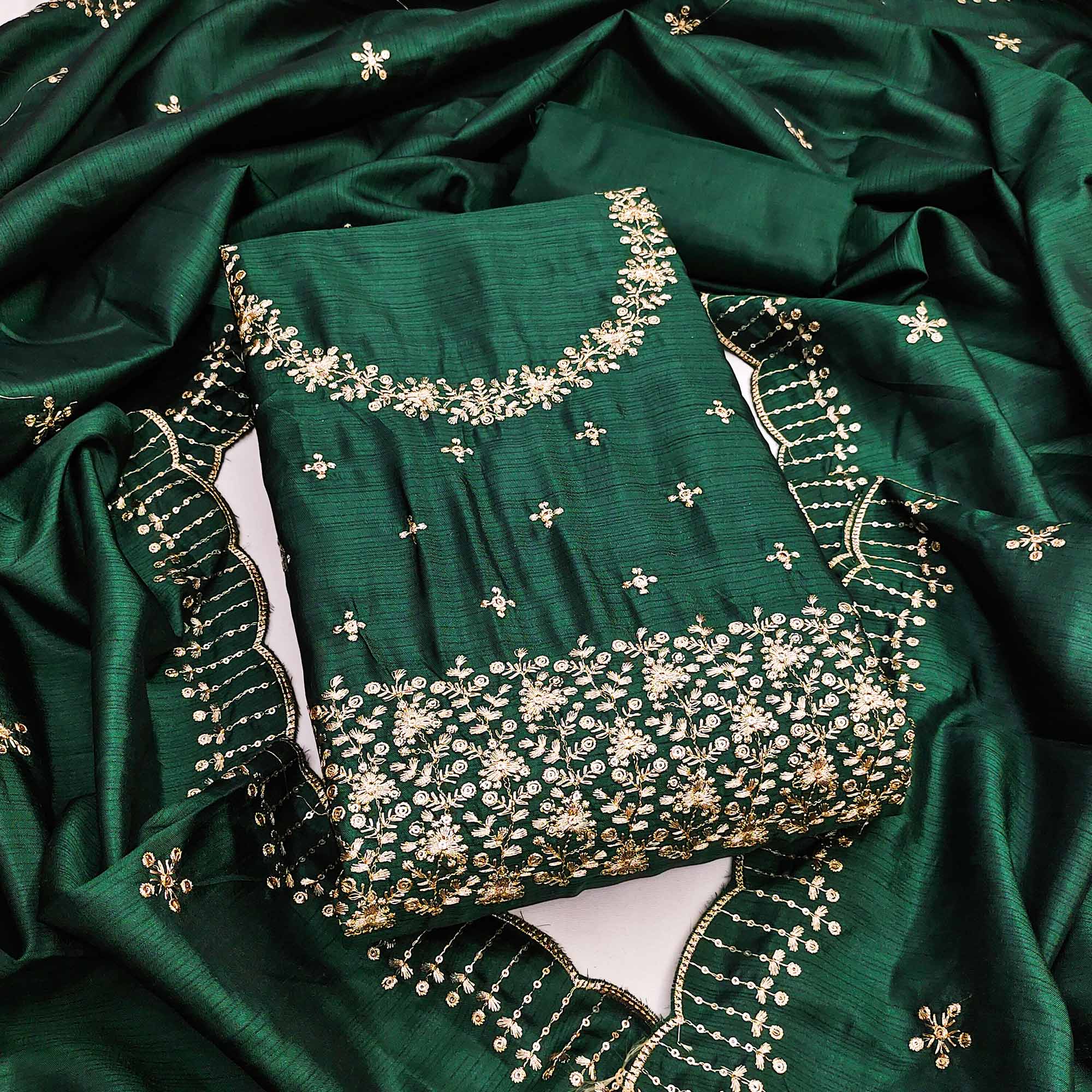 Green Cotton Silk Dress Material with Traditional Jalpari Embroidery