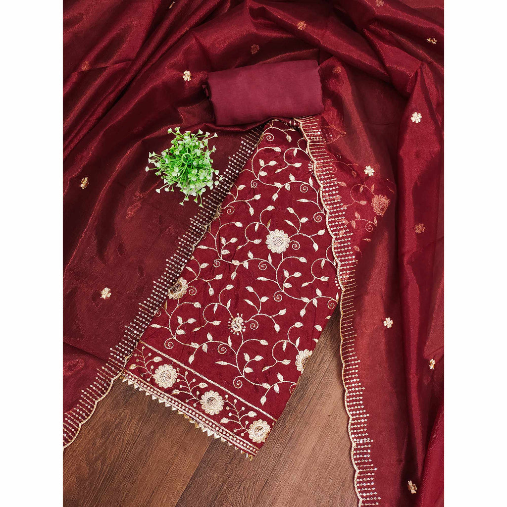 Maroon Unstitched Suit Material with Fine Floral Embroidery on Sheer Twill Net