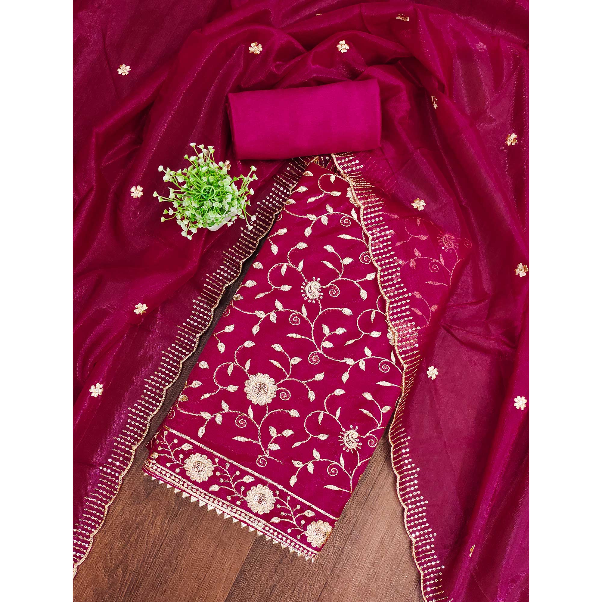 Pink Unstitched Suit Material with Fine Floral Embroidery on Sheer Twill Net