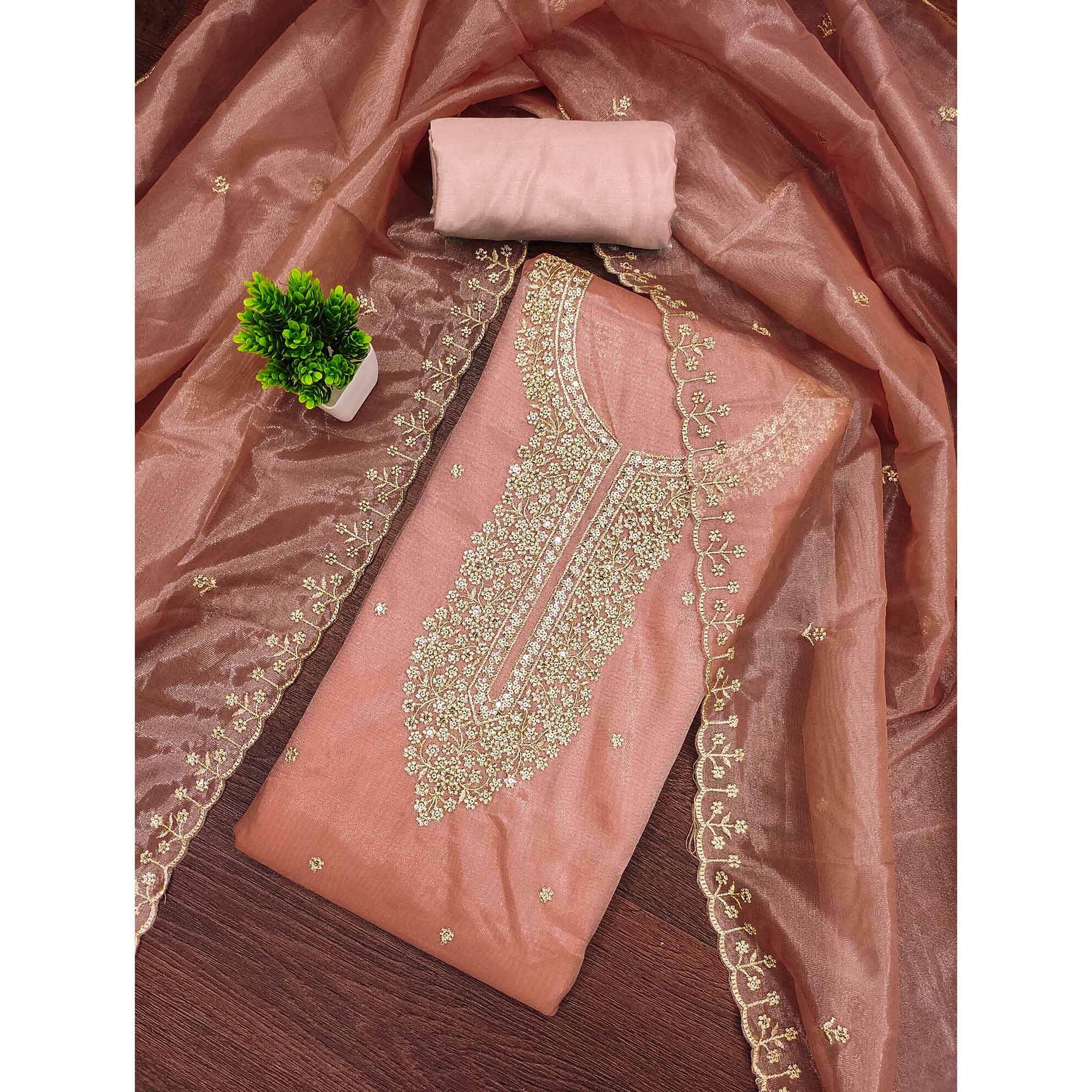 Peach Designer Suit Material in Sheer Twill Net with Thread Embroidered Patterns