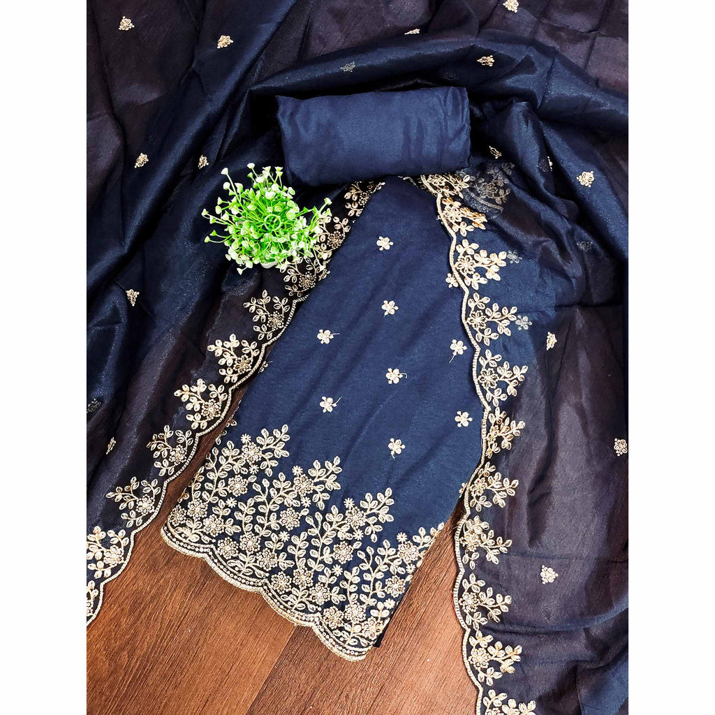 Blue Ethnic Twill Net Dress Material Embellished with Ornate Thread Embroidery