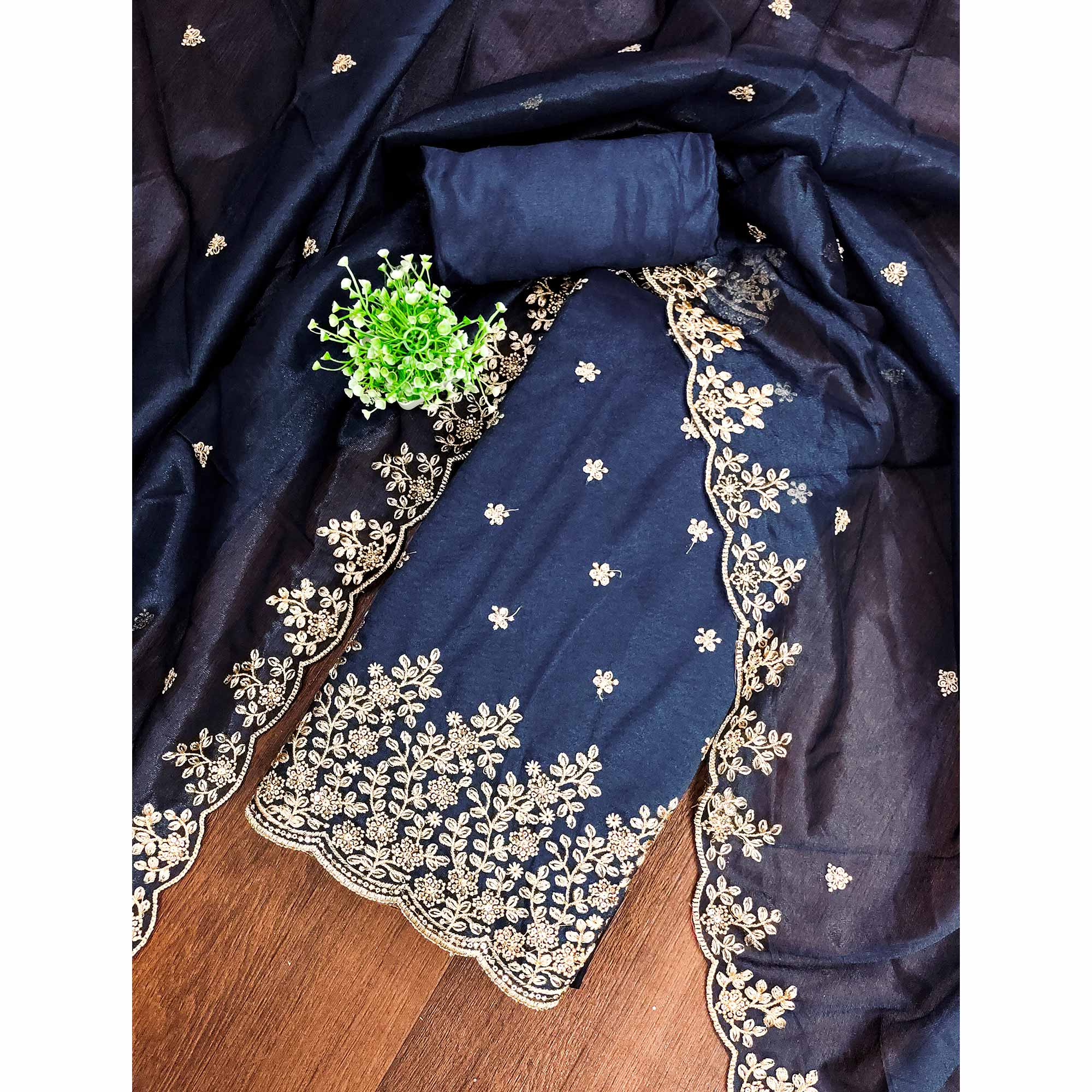 Blue Ethnic Twill Net Dress Material Embellished with Ornate Thread Embroidery