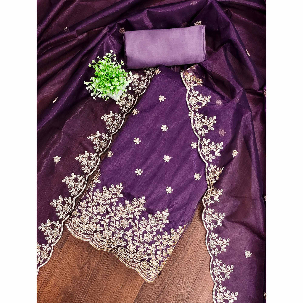 Deep Purple Ethnic Twill Net Dress Material Embellished with Ornate Thread Embroidery
