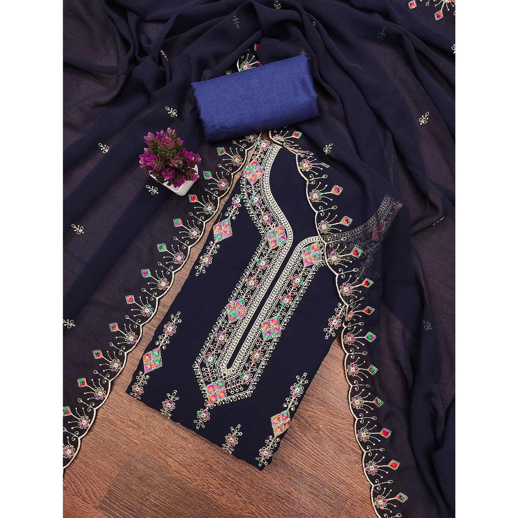 Blue Georgette Dress Material Enhanced With Graceful Floral Embroidery For An Elegant Ethnic Look