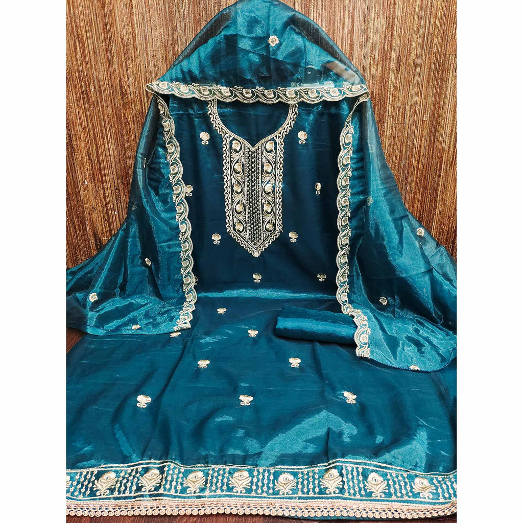 Blue Delight Floral  Embroidered Twill Net Dress Material