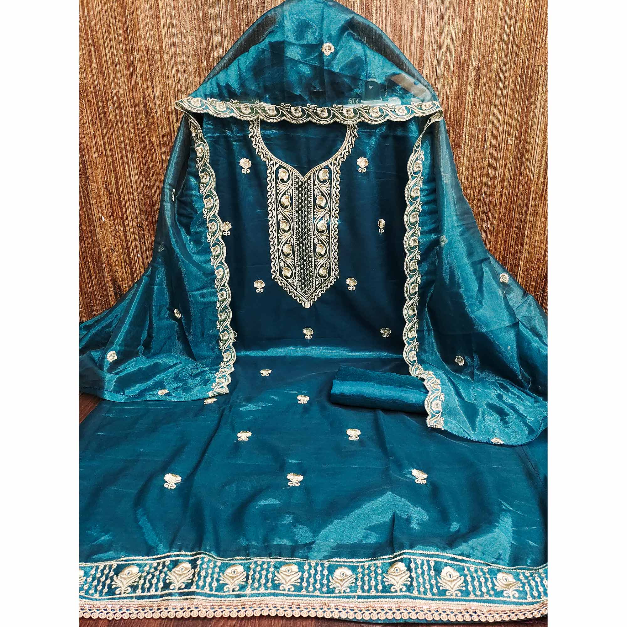 Blue Delight Floral  Embroidered Twill Net Dress Material