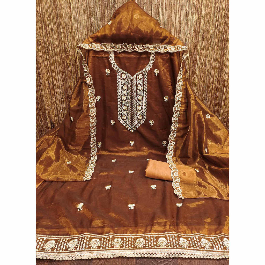 Dark Mustard Delight Floral  Embroidered Twill Net Dress Material