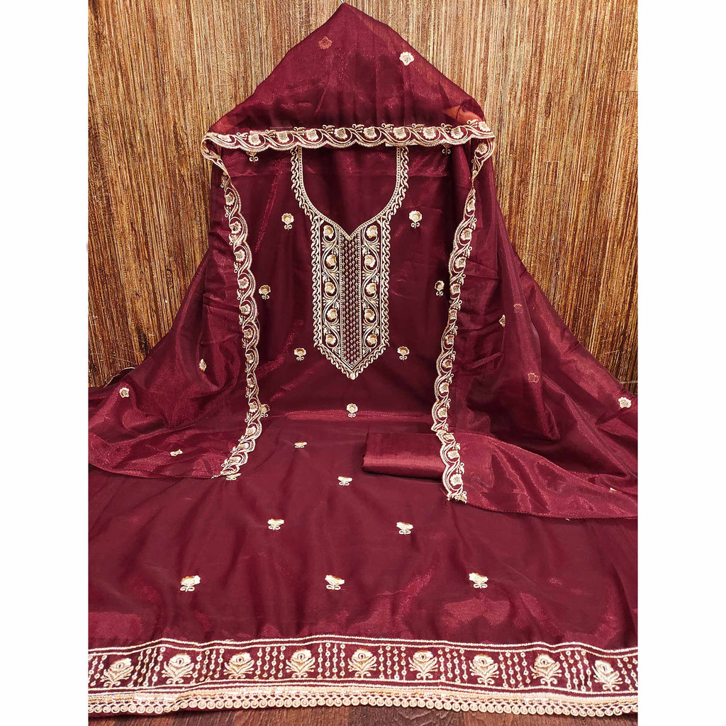 Maroon Delight Floral  Embroidered Twill Net Dress Material