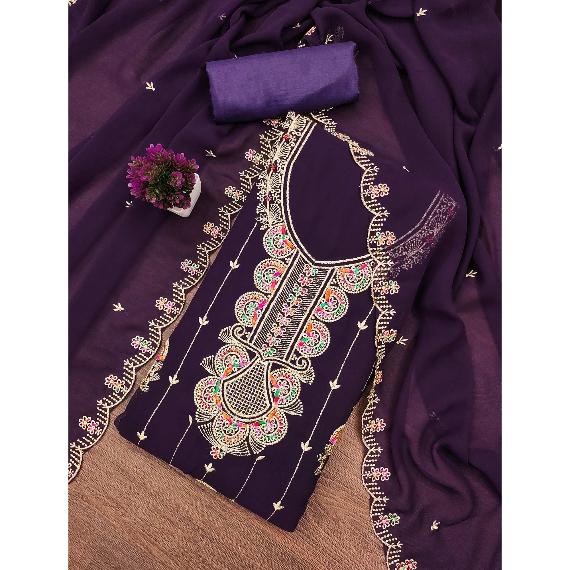 Deep Purple Floral Embroidered Unstitched Suit Fabric in Flowing Georgette