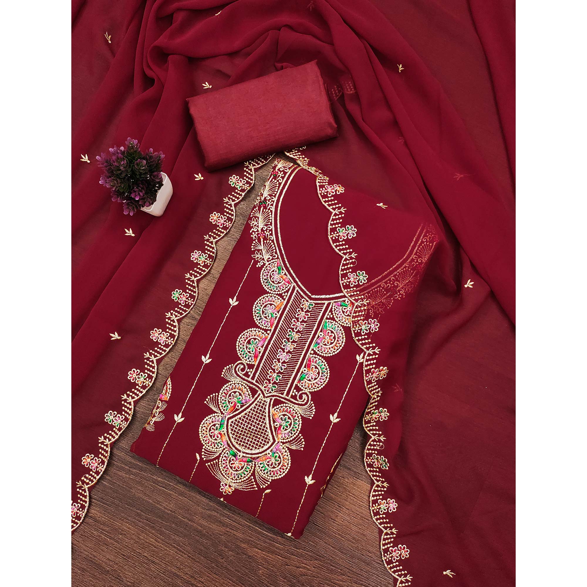 Maroon Floral Embroidered Unstitched Suit Fabric in Flowing Georgette