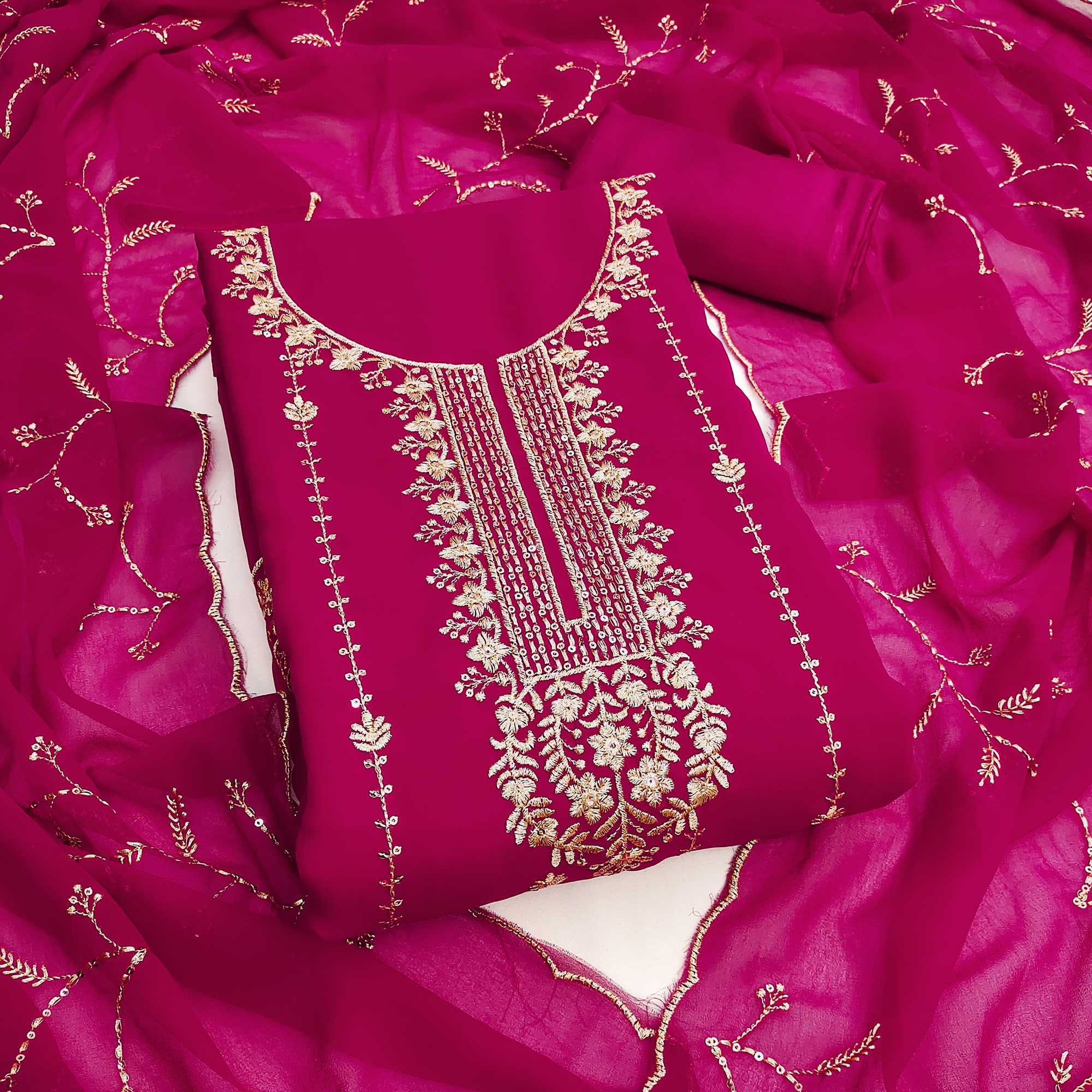 Pink Georgette Unstitched Dress Material Adorned with Ornate Thread Embroidery