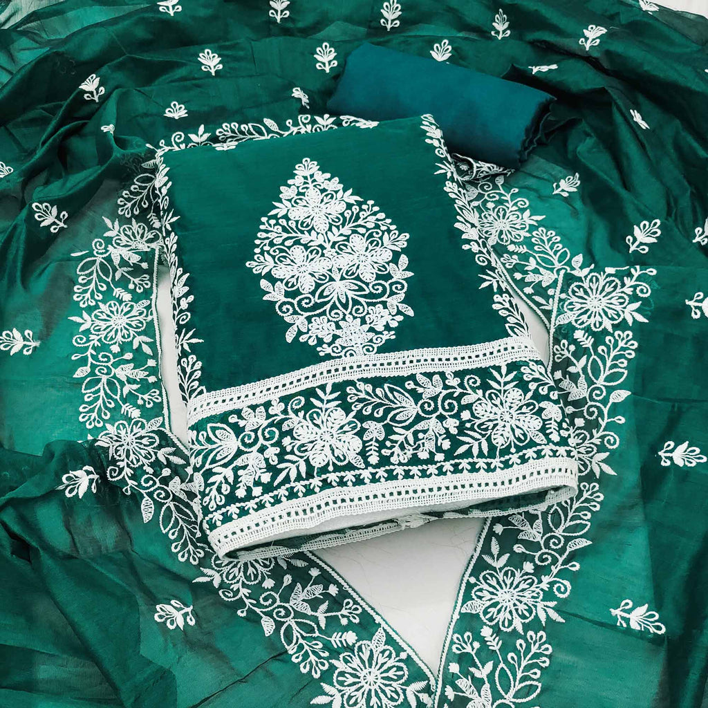 Green Chanderi Cotton Dress Material With Graceful Floral Thread Embroidery