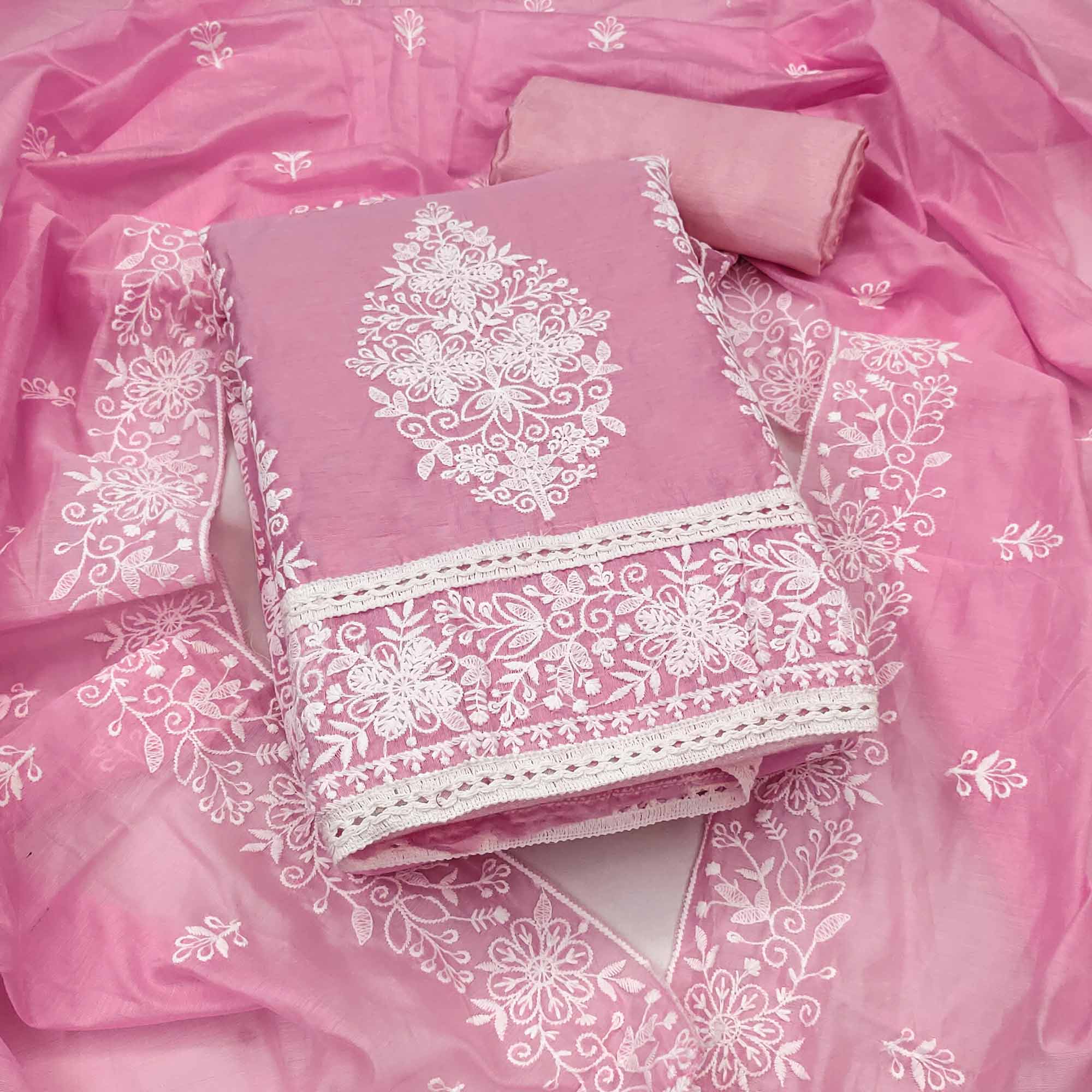 Pink Chanderi Cotton Dress Material With Graceful Floral Thread Embroidery