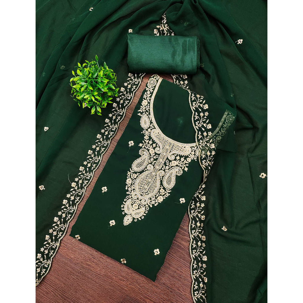 Green Georgette Dress Material Accentuated With Delicate Floral Embroidery & Sequins Work