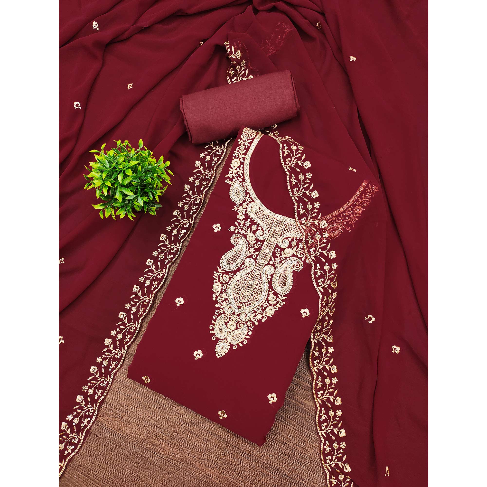 Maroon Georgette Dress Material Accentuated With Delicate Floral Embroidery & Sequins Work