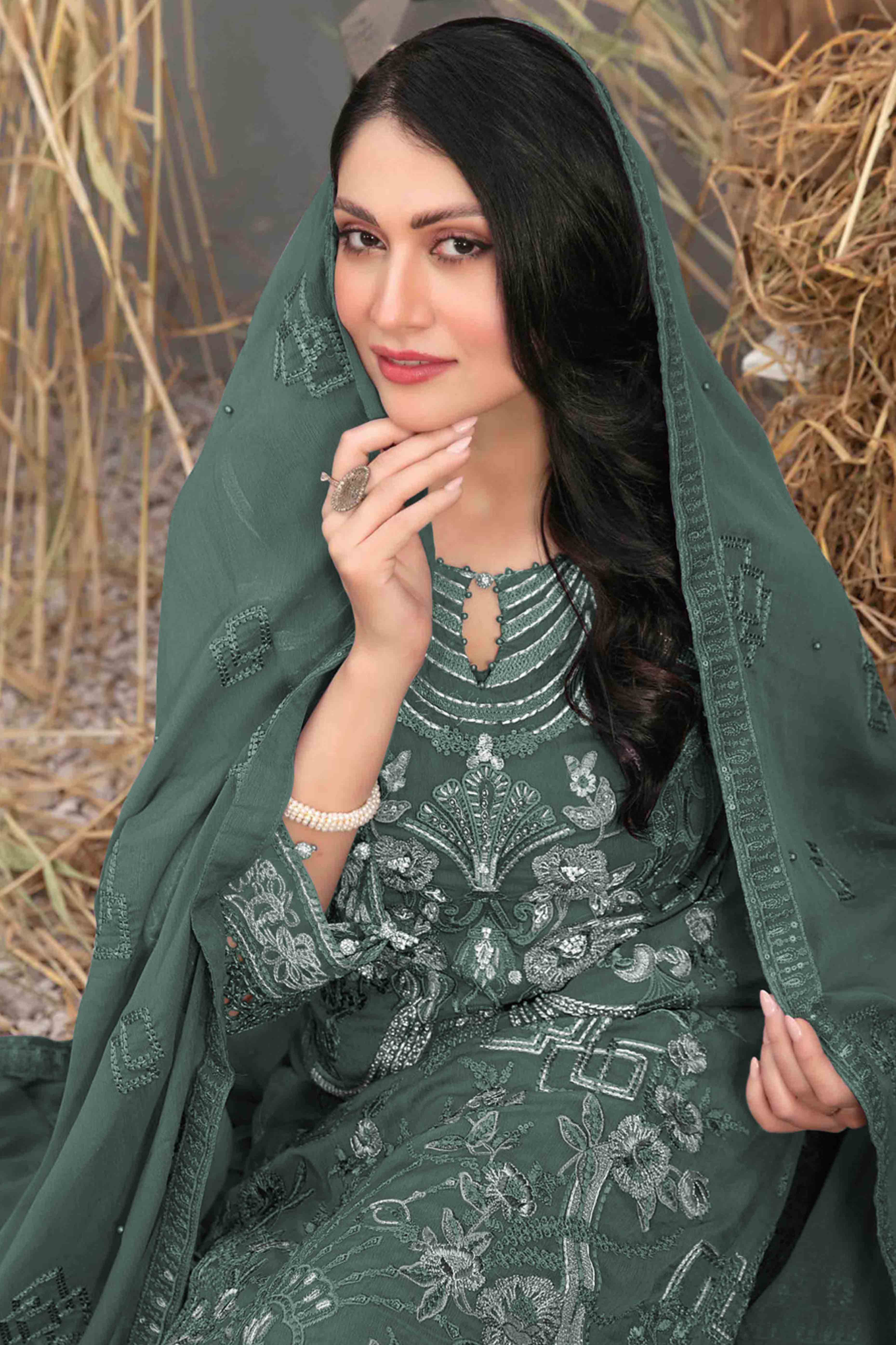 Dusty Green Floral Embroidered Heavy Georgette Dress Material