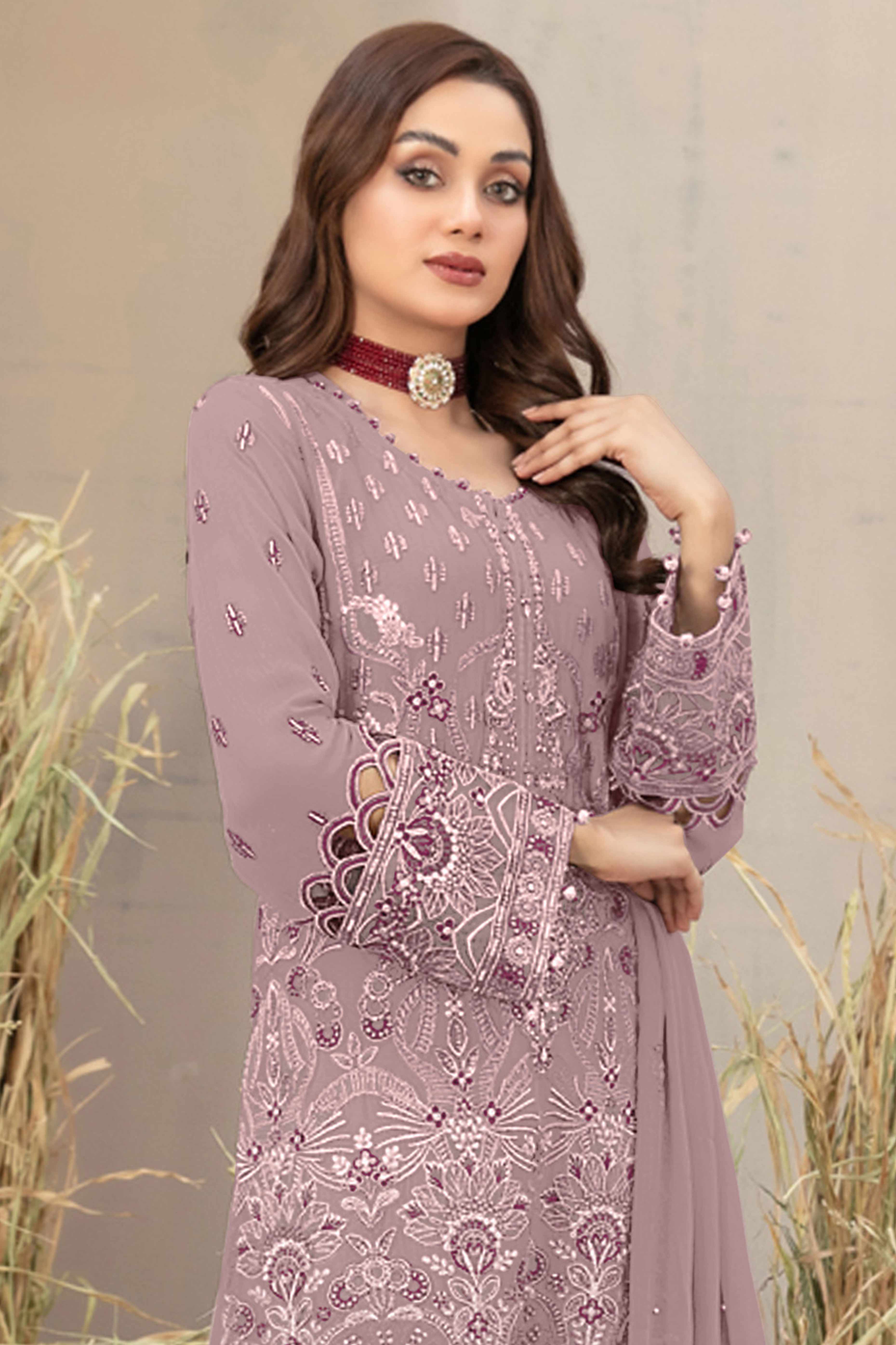Dusty Pink Floral Embroidered Heavy Georgette Dress Material